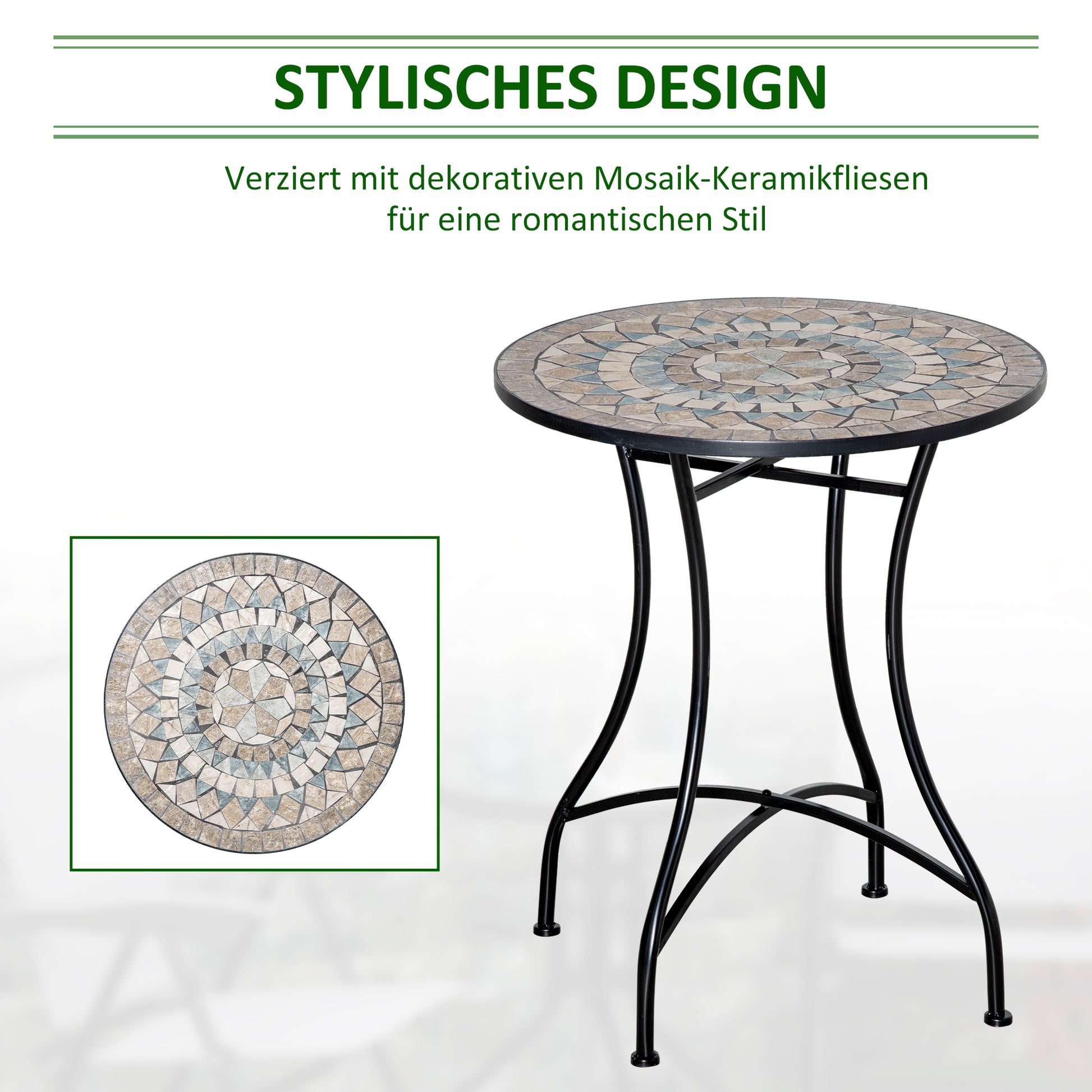 Garden Table Ø60 cm, Weatherproof Metal Patio Table, Outdoor Dining Table, Camping Side Table, Round Terrace Table for Garden Patio Balcony Green+Beige+White