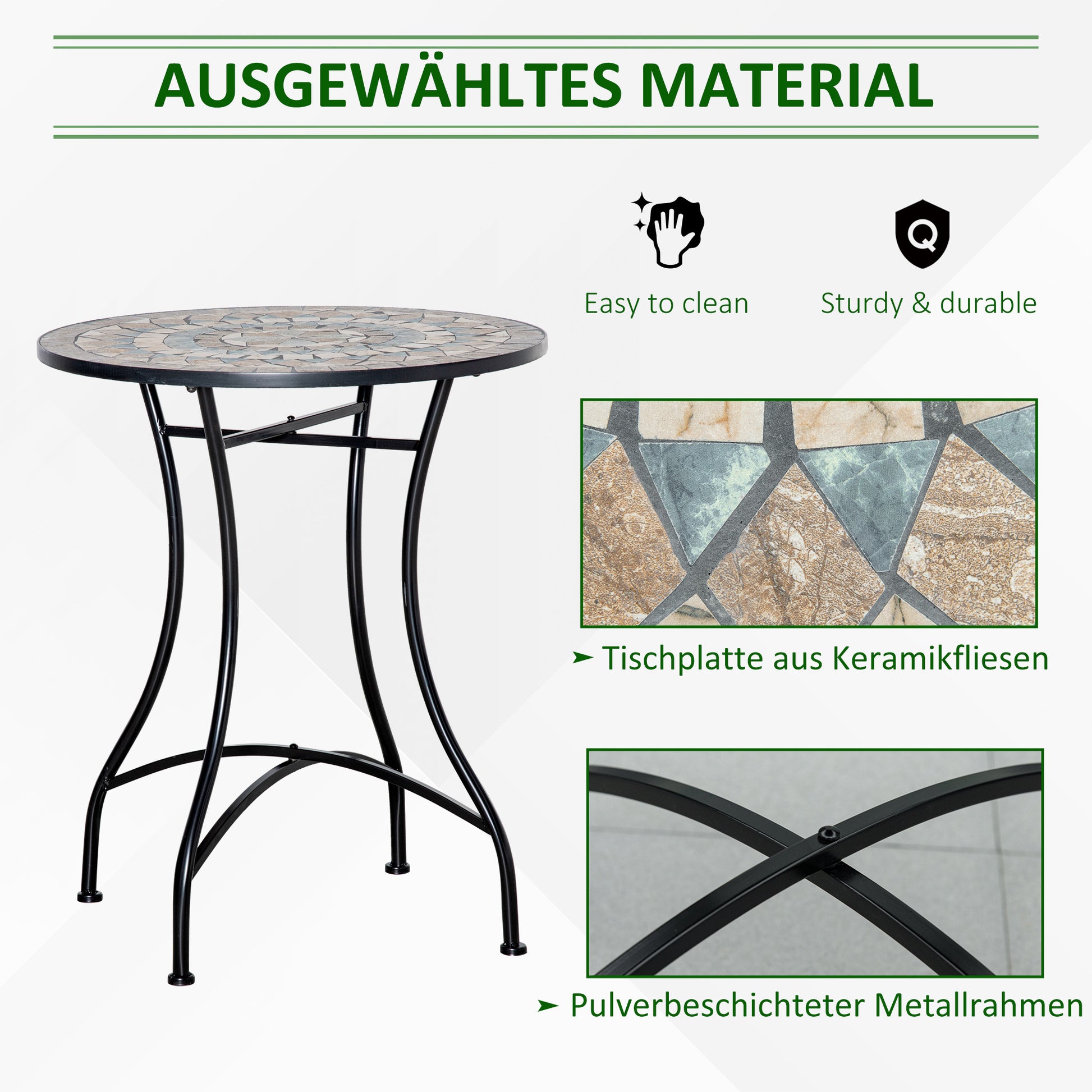 Garden Table Ø60 cm, Weatherproof Metal Patio Table, Outdoor Dining Table, Camping Side Table, Round Terrace Table for Garden Patio Balcony Green+Beige+White