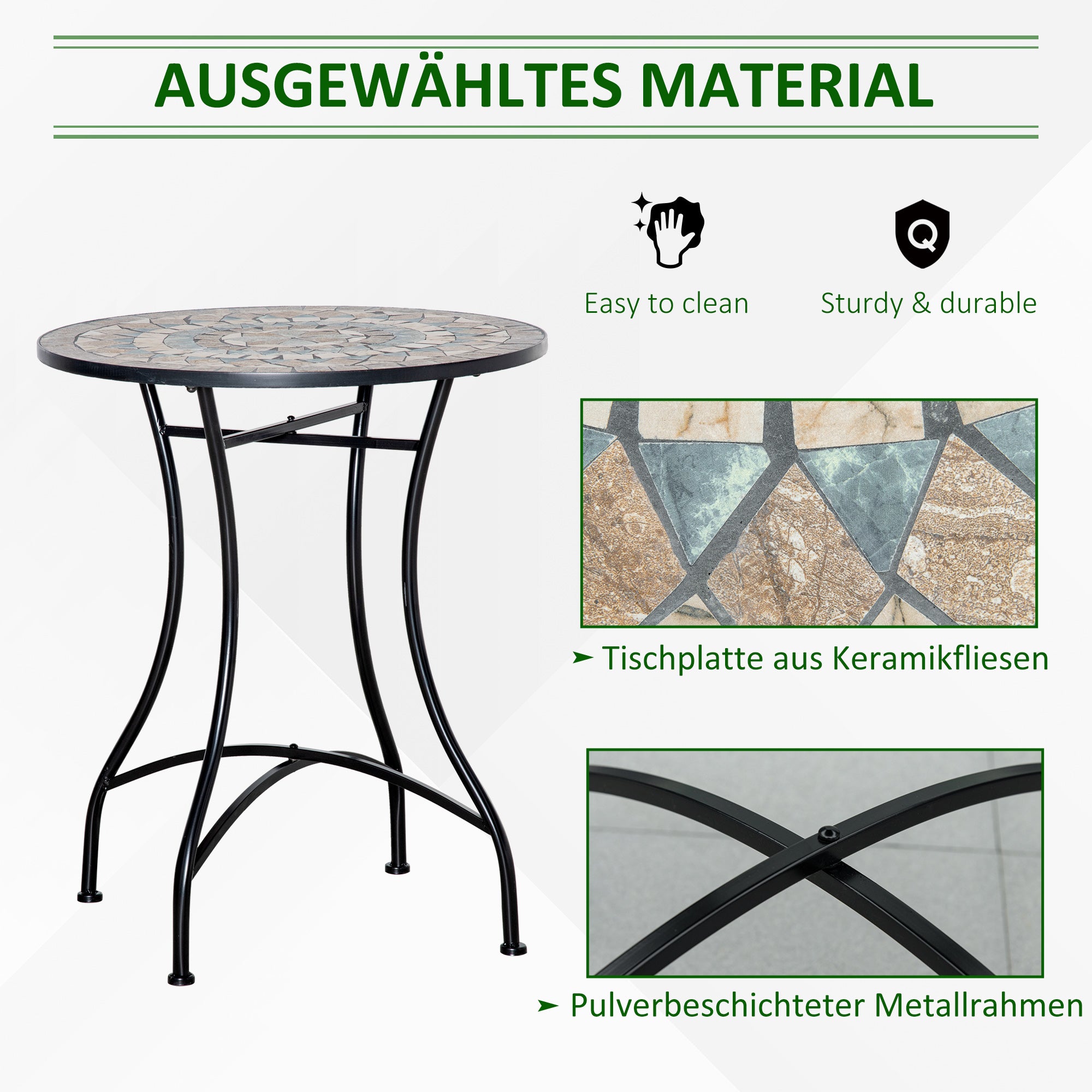 Garden Table Ø60 cm, Weatherproof Metal Patio Table, Outdoor Dining Table, Camping Side Table, Round Terrace Table for Garden Patio Balcony Green+Beige+White