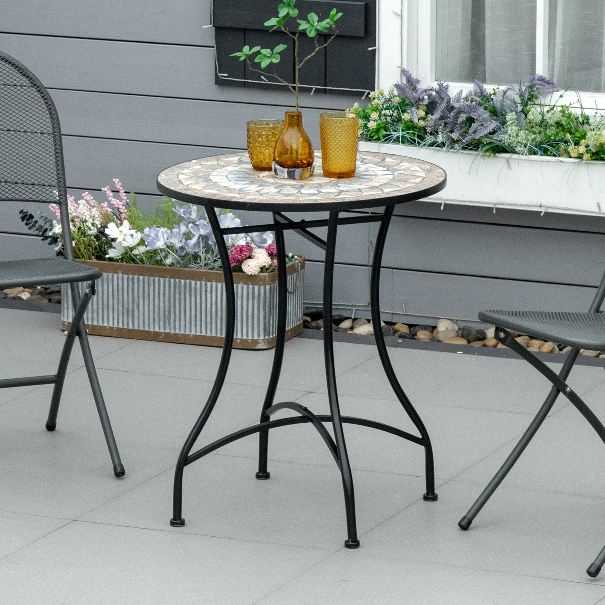 Garden Table Ø60 cm, Weatherproof Metal Patio Table, Outdoor Dining Table, Camping Side Table, Round Terrace Table for Garden Patio Balcony Green+Beige+White