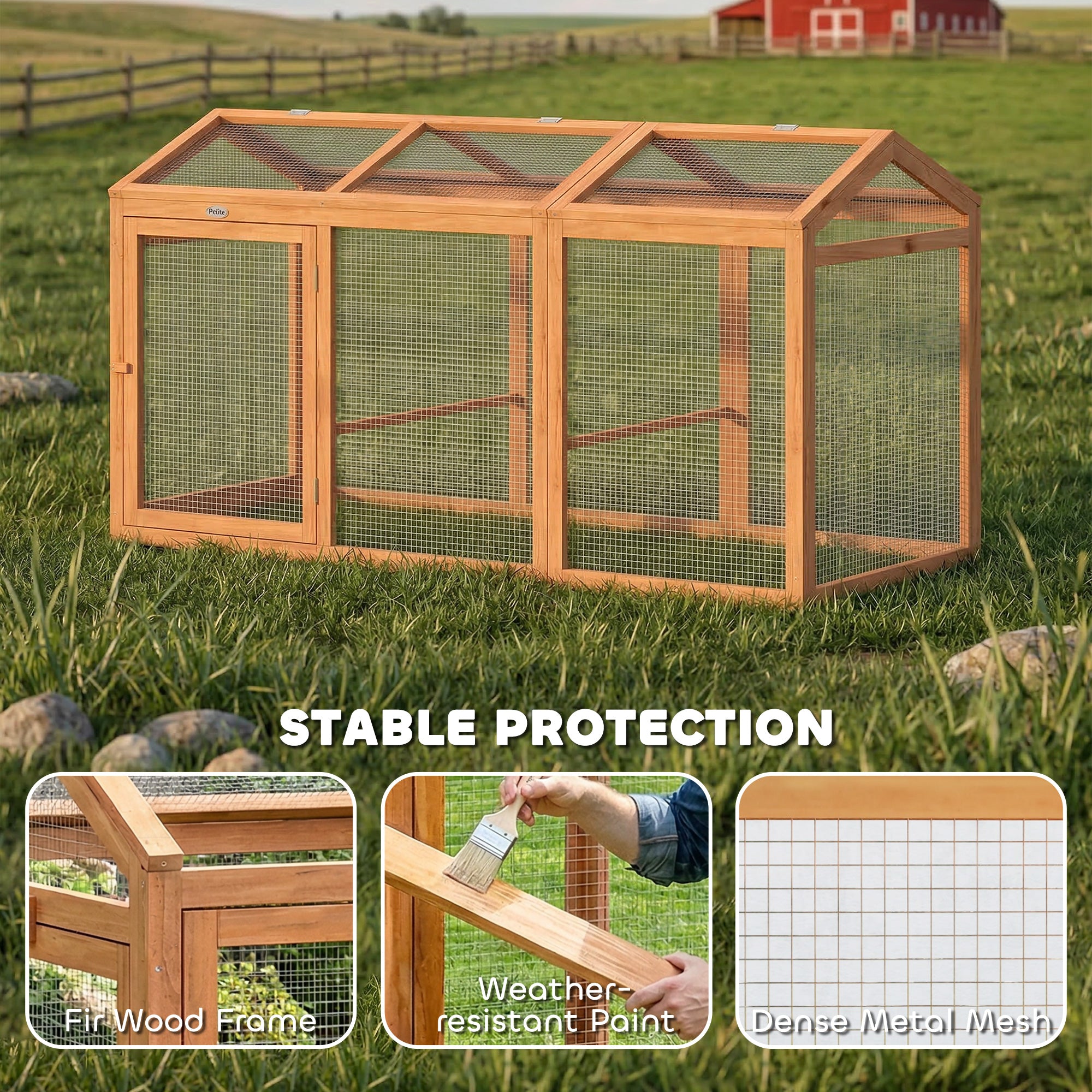 Chicken Coop 156 x 70.5 x 84 cm Run with Roost, Double Doors, Wood & Metal Enclosure, Outdoor Run for 4 Chickens, Orange