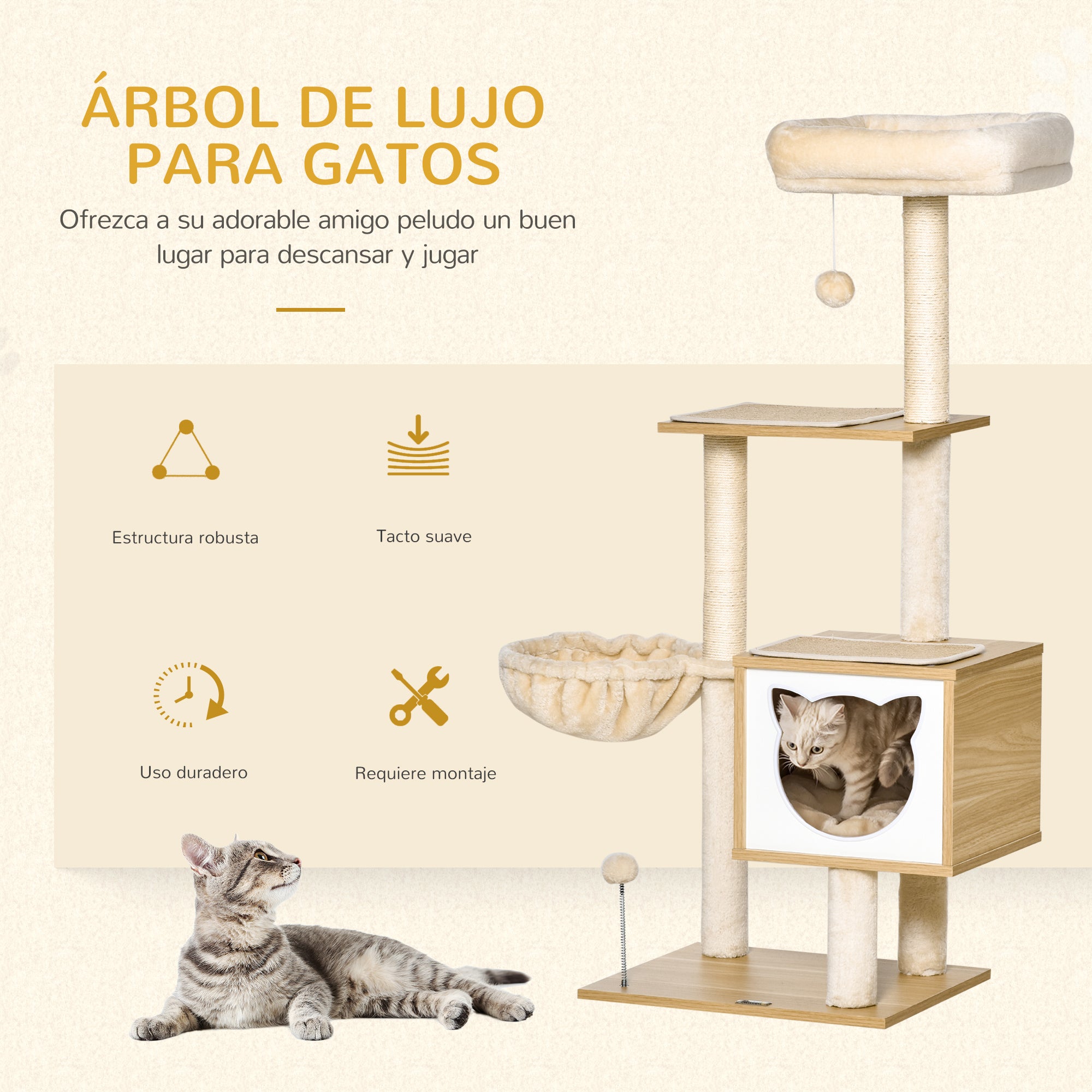 Cat Scratching Tree with Platform Height of 126 cm Climbing Tower for Cats with Hammock, House, Bed, Sisal Posts and Play Balls 48x40x126 cm Beige