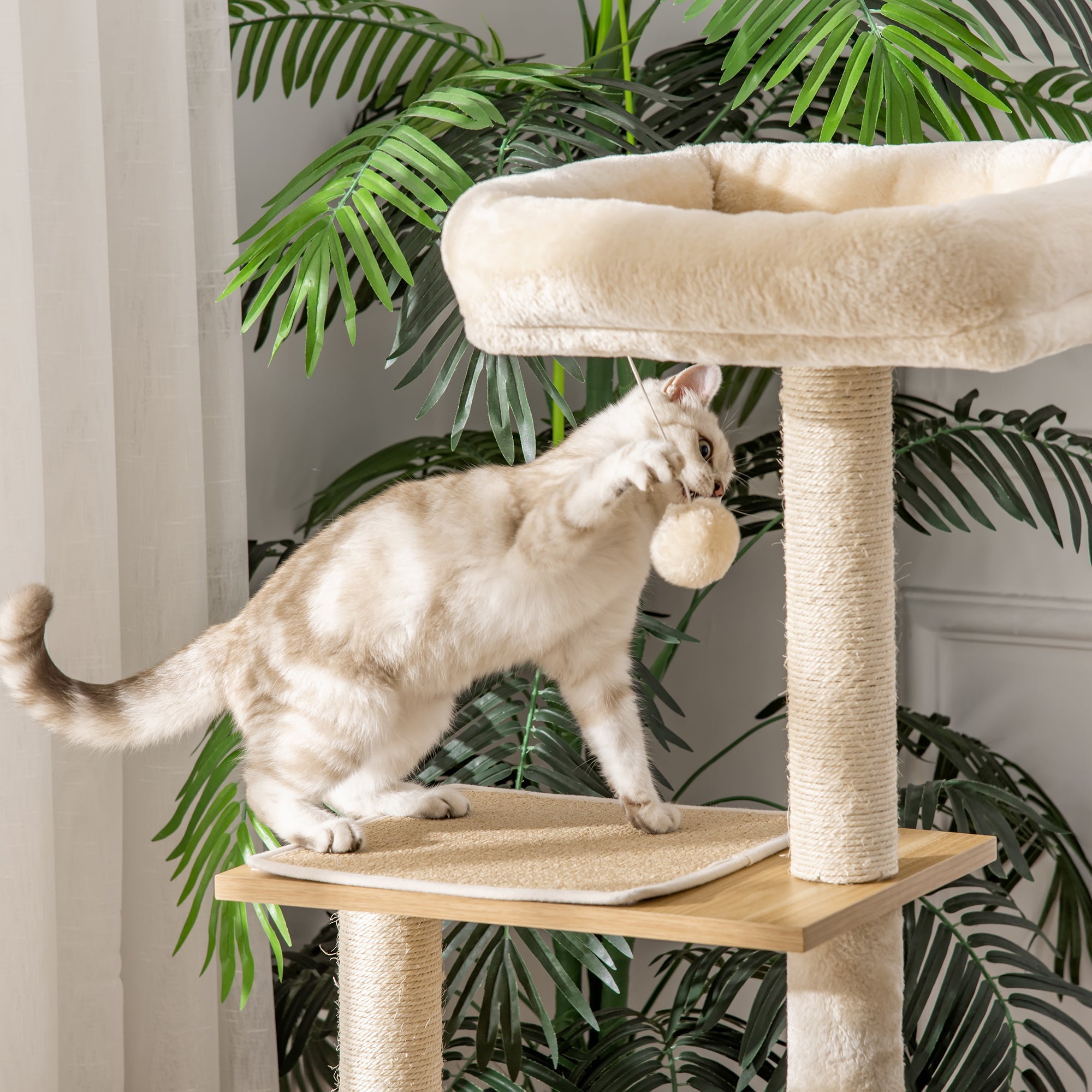 Cat Scratching Tree with Platform Height of 126 cm Climbing Tower for Cats with Hammock, House, Bed, Sisal Posts and Play Balls 48x40x126 cm Beige