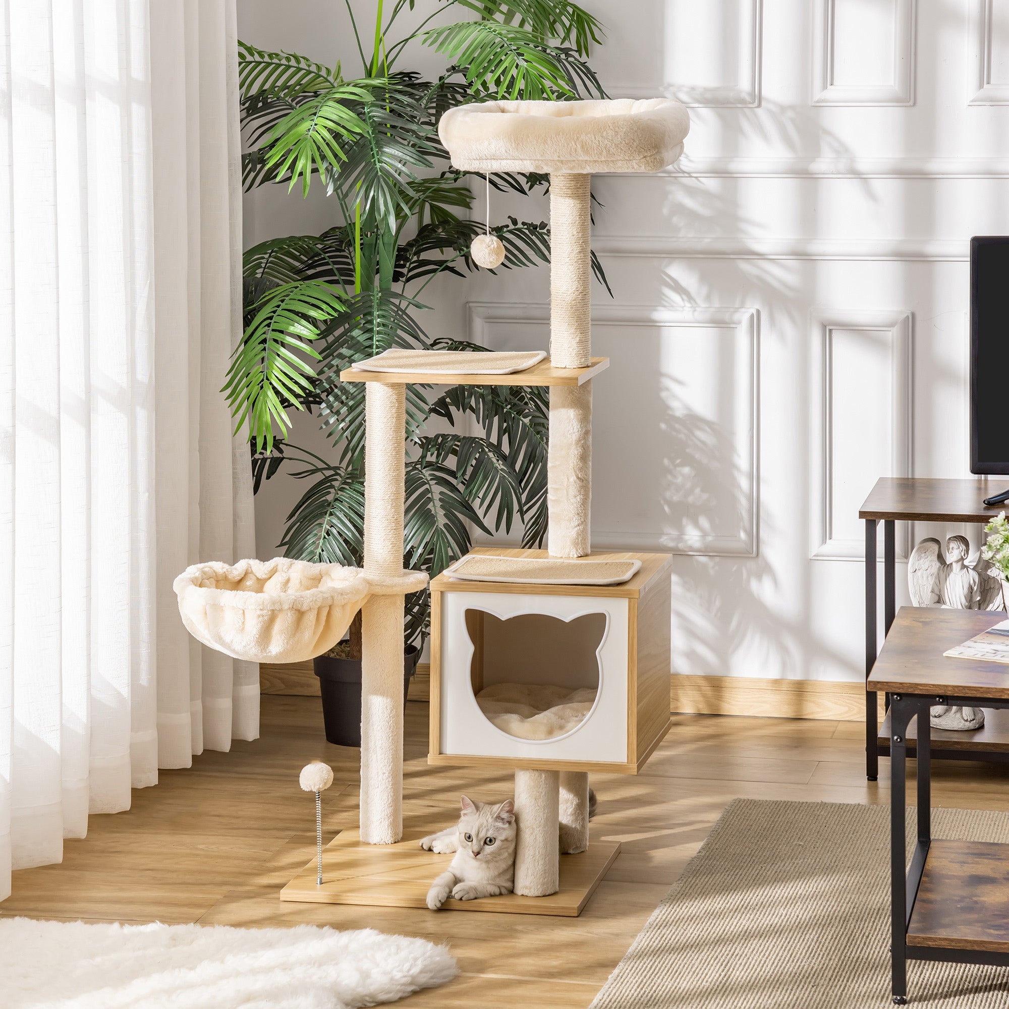 Cat Scratching Tree with Platform Height of 126 cm Climbing Tower for Cats with Hammock, House, Bed, Sisal Posts and Play Balls 48x40x126 cm Beige