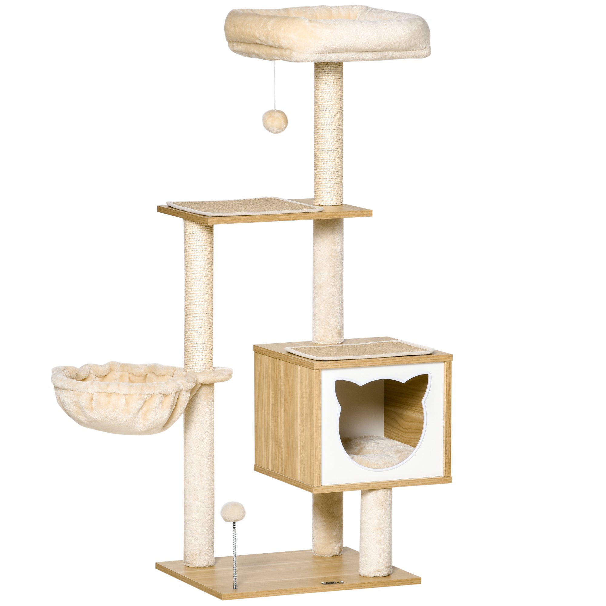 Cat Scratching Tree with Platform Height of 126 cm Climbing Tower for Cats with Hammock, House, Bed, Sisal Posts and Play Balls 48x40x126 cm Beige