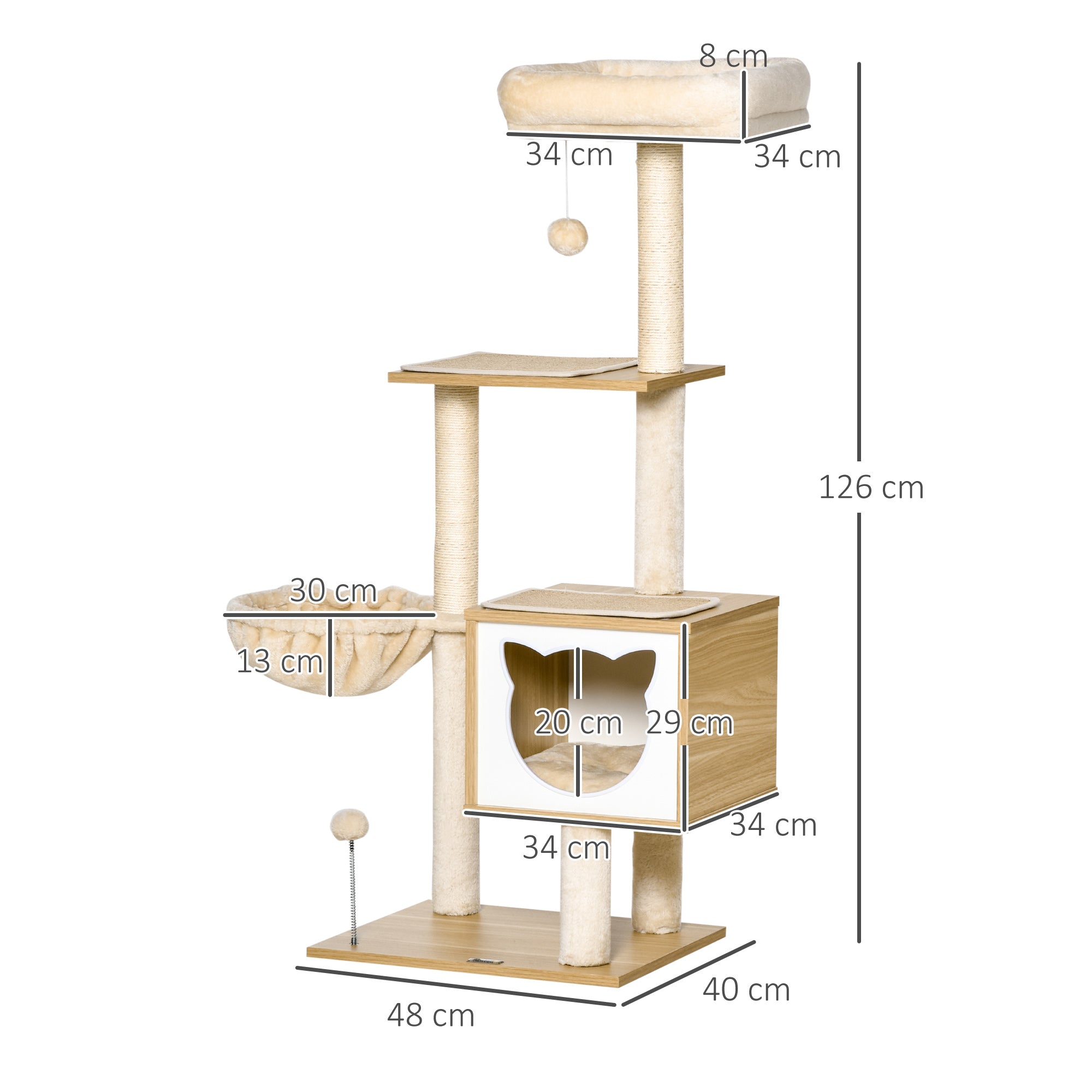 Cat Scratching Tree with Platform Height of 126 cm Climbing Tower for Cats with Hammock, House, Bed, Sisal Posts and Play Balls 48x40x126 cm Beige