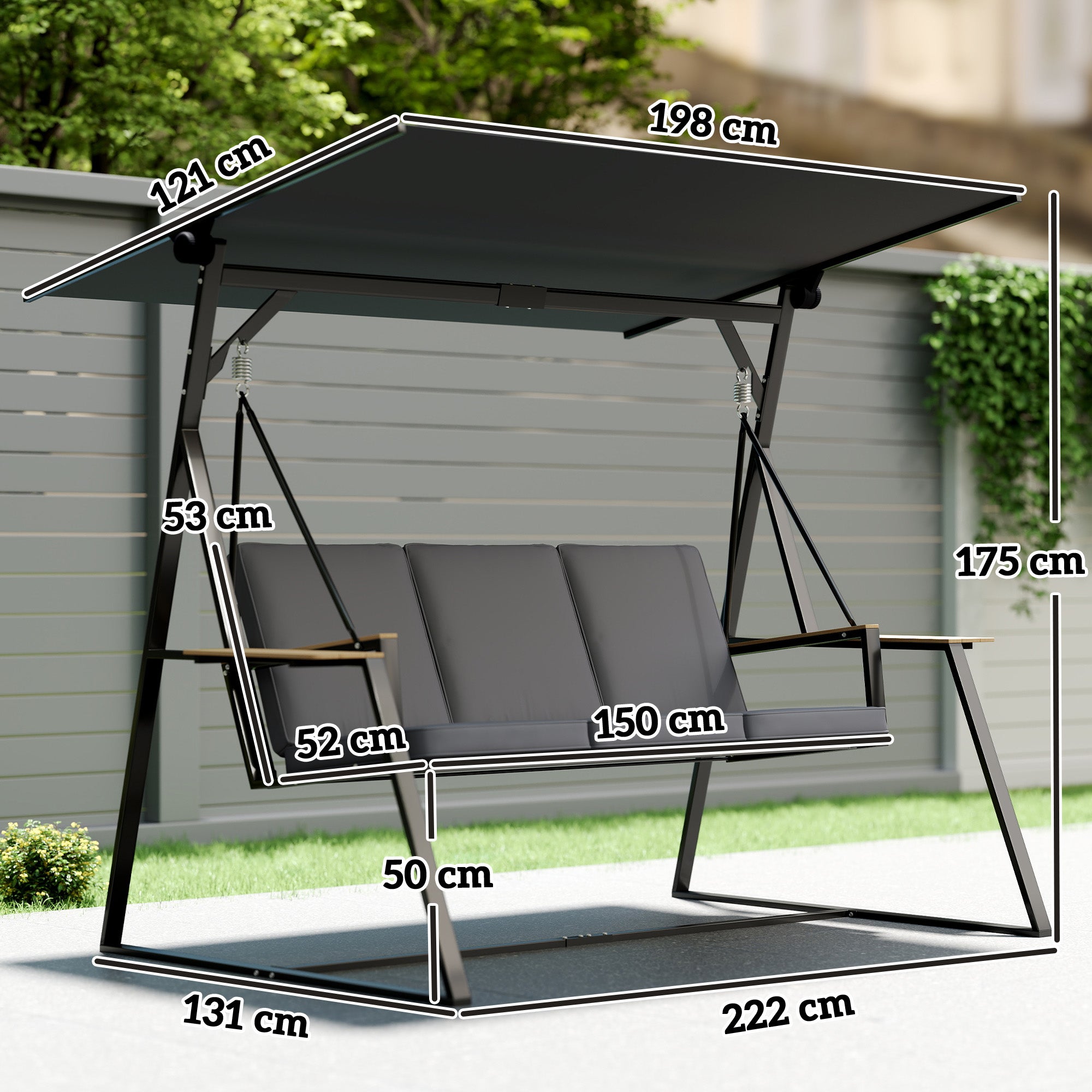 3-Seat Garden Swing with Adjustable UPF50+ Canopy, 2 Side Trays, Cushions & Metal Frame — For Balcony, Patio, Terrace — Holds 360 kg (794 lb), 222 x 131 x 175 cm, Charcoal