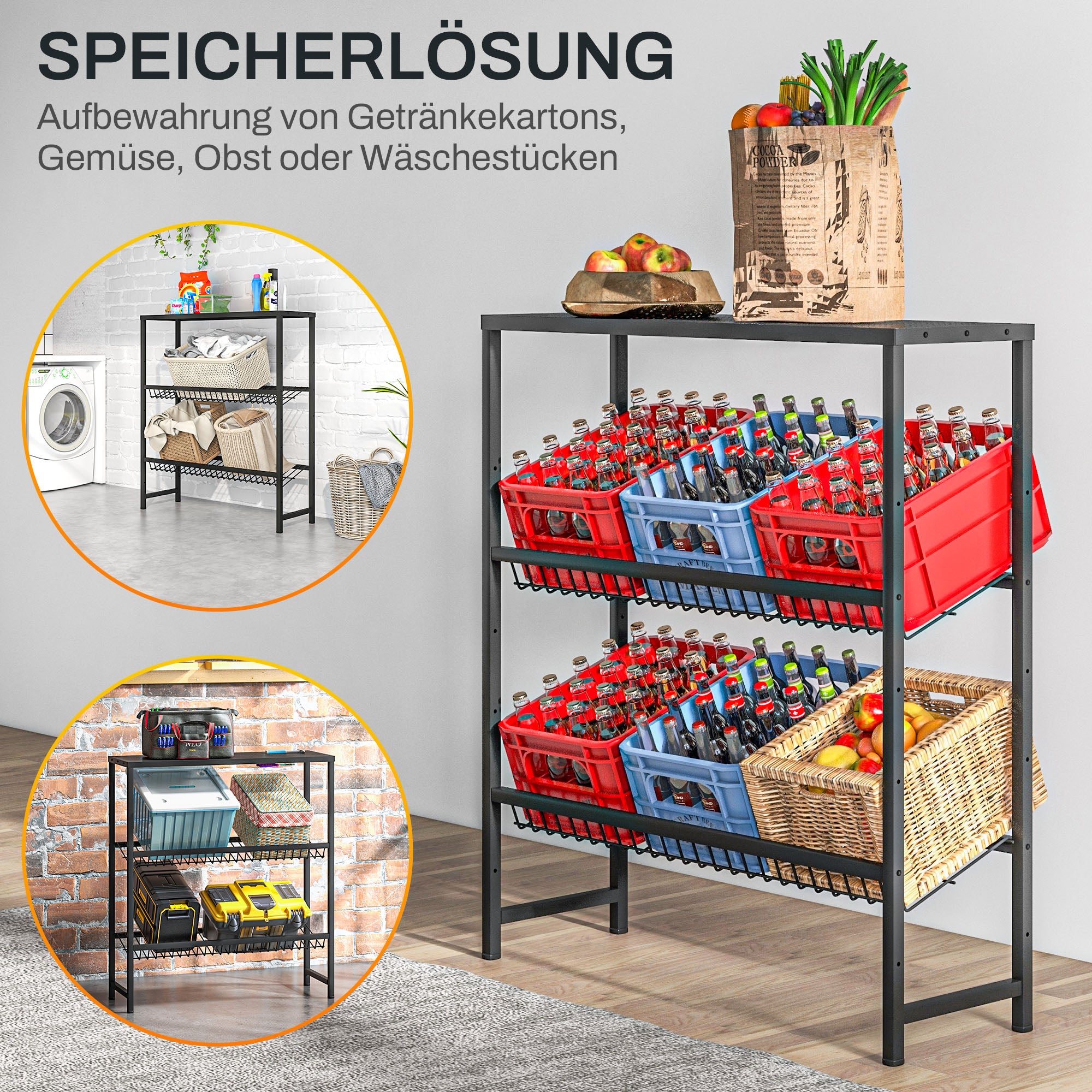 Beverage Crate Shelf for 6 Crates Beverage Crate Holder with 3 Levels Steel Beverage Crate Stand Bottle Crate Shelf for Beer, Fruit, Vegetables, Water, Black