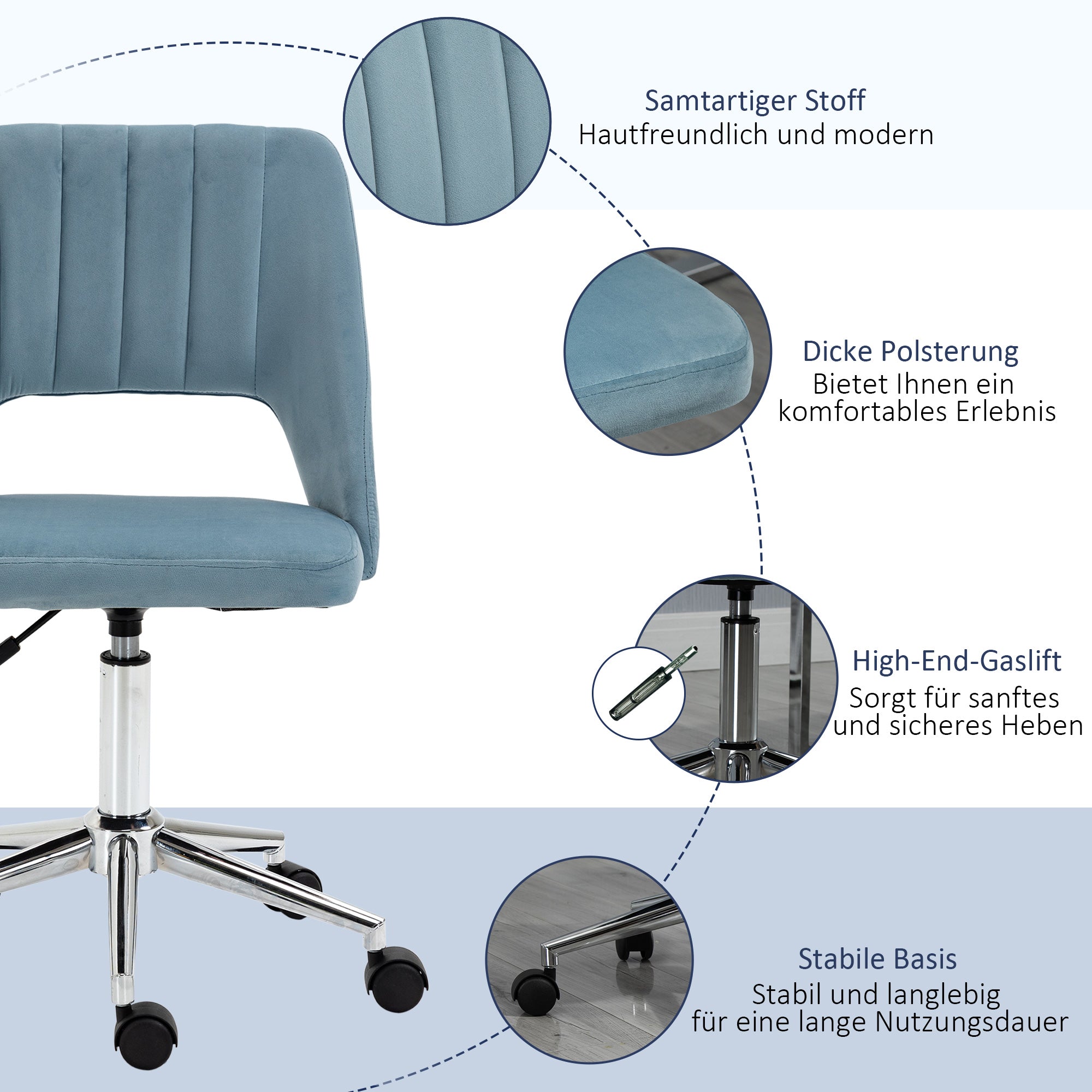 Desk Chair, Height Adjustable Home Office Chair without Armrest, Swivel Office Chair with Velvet Look, Ergonomic Makeup Chair for Bedroom, Study Room, Blue