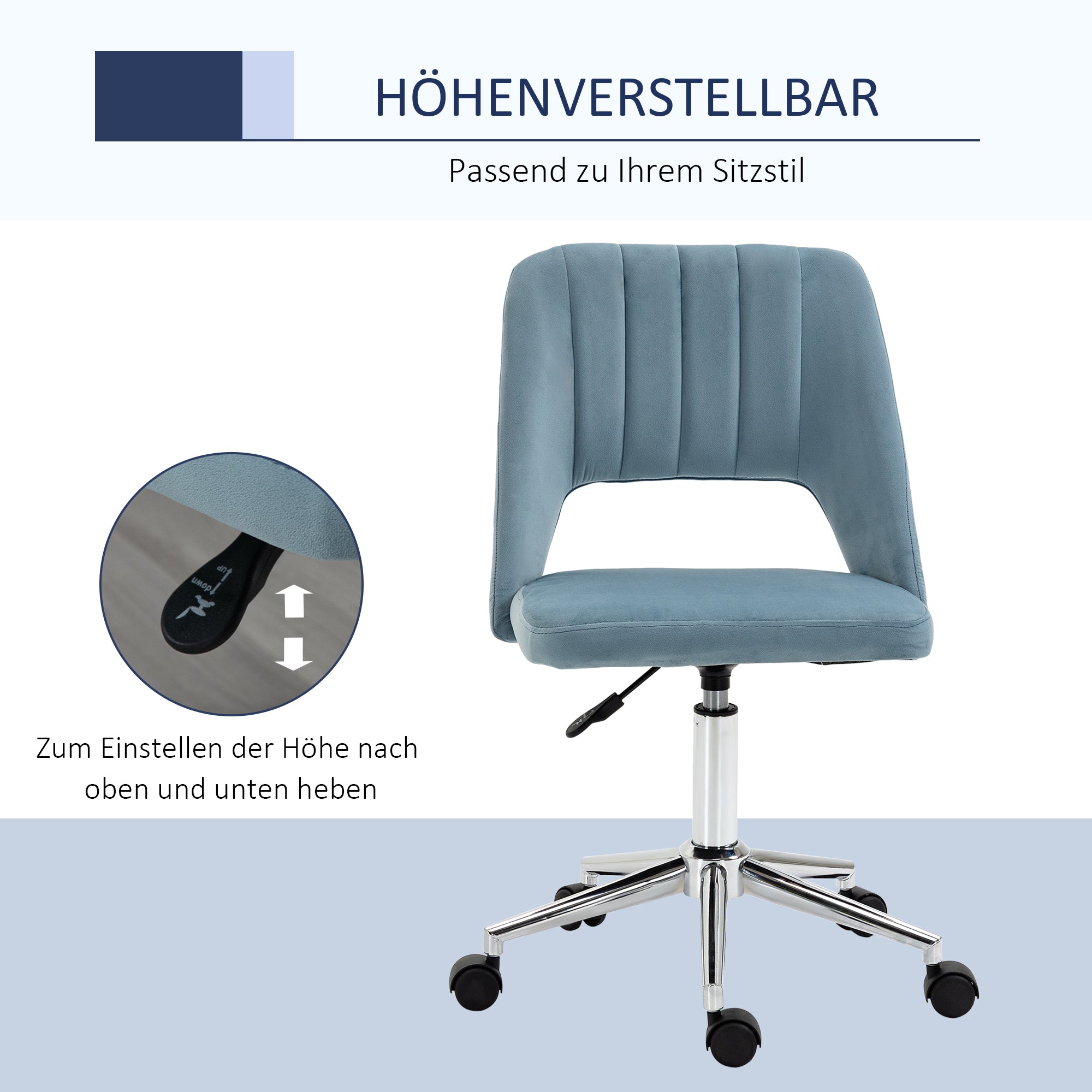 Desk Chair, Height Adjustable Home Office Chair without Armrest, Swivel Office Chair with Velvet Look, Ergonomic Makeup Chair for Bedroom, Study Room, Blue