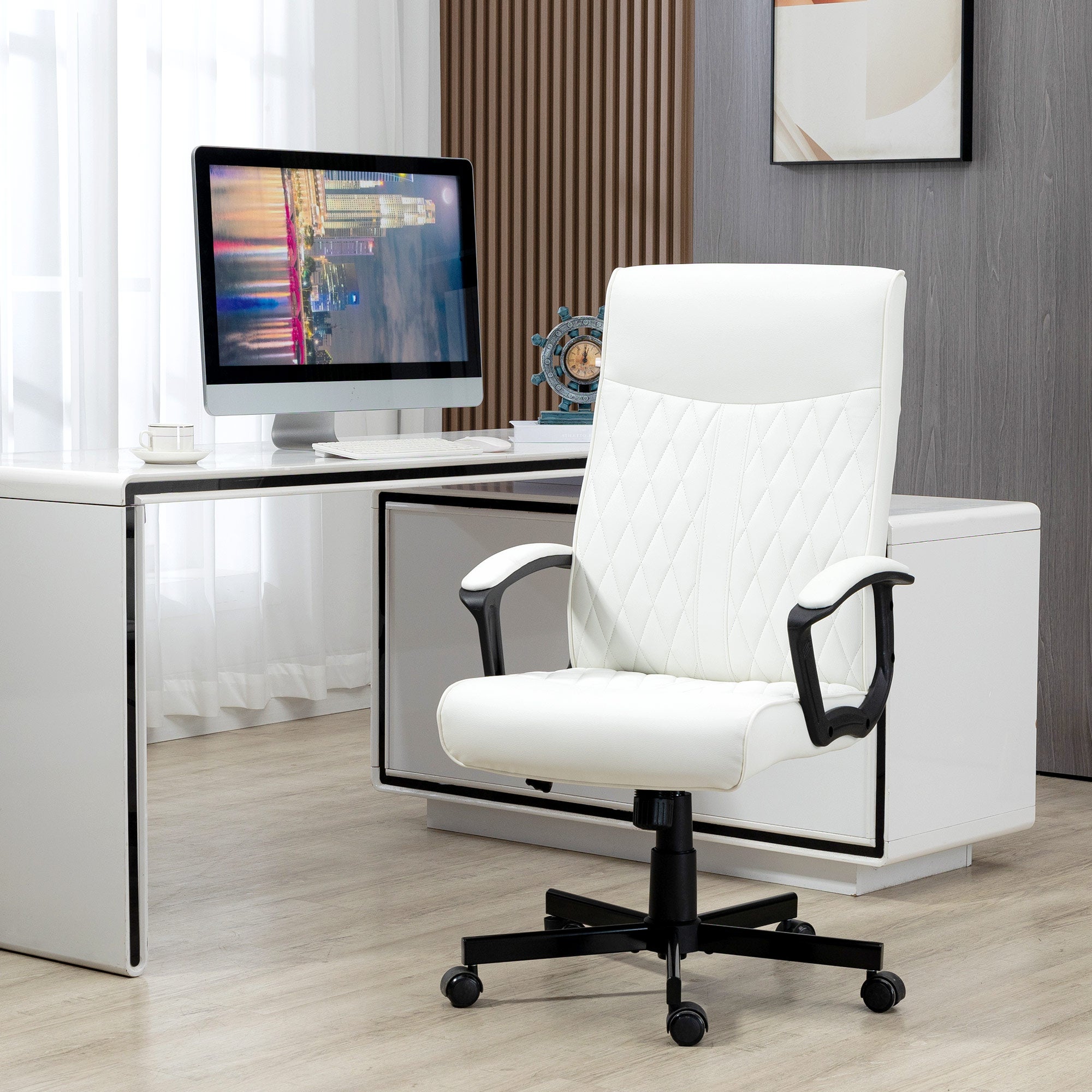 Swivel Office Chair Reclining Desk Chair Upholstered in PU with High Back and Adjustable Height for Living Room Office Load 120 kg 65x72x102-112.5 cm Cream