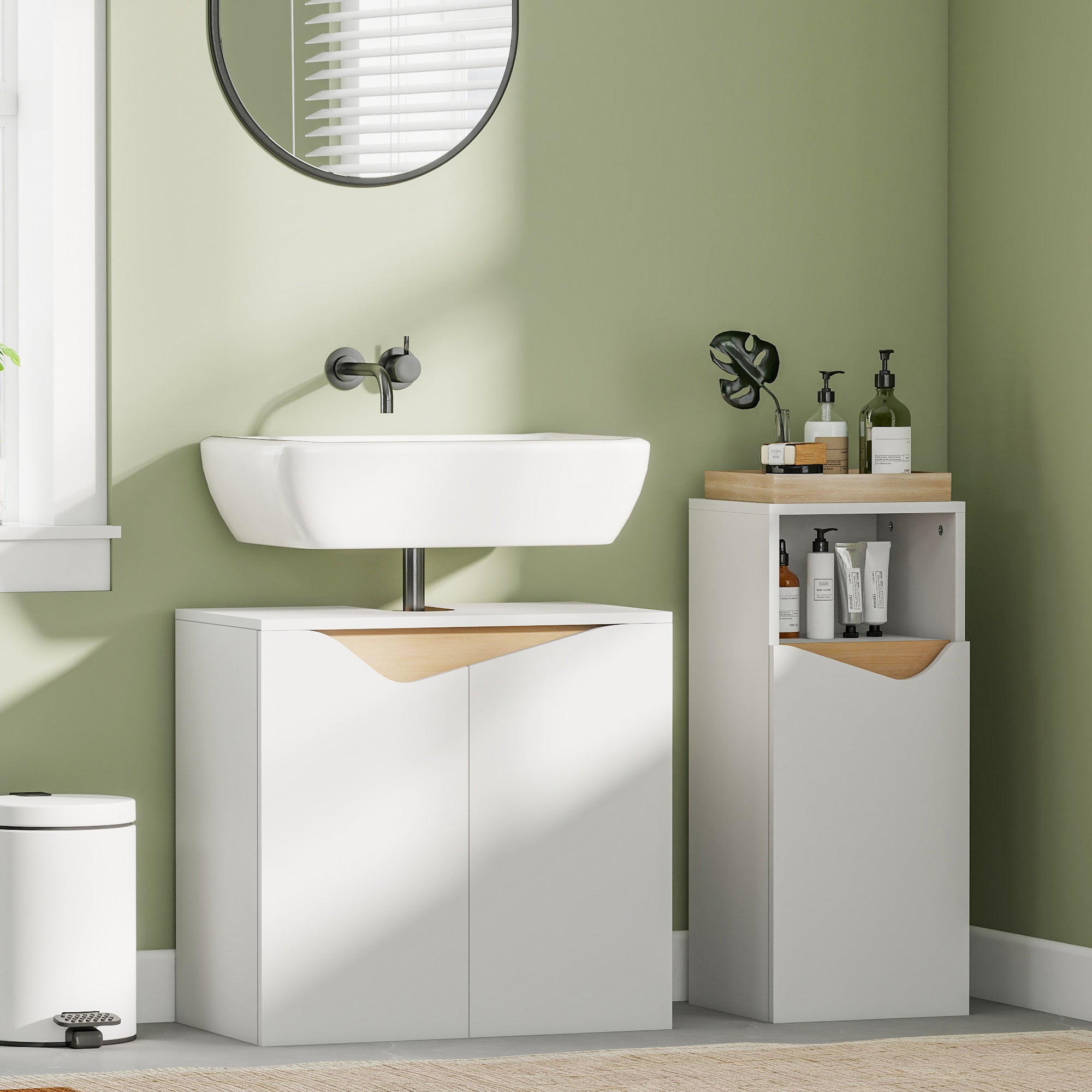 Under-Sink Bathroom Cabinet, 2 Soft-Close Doors, Modern Style, 23.6 x 13.8 x 22.8 in, White & Natural Wood