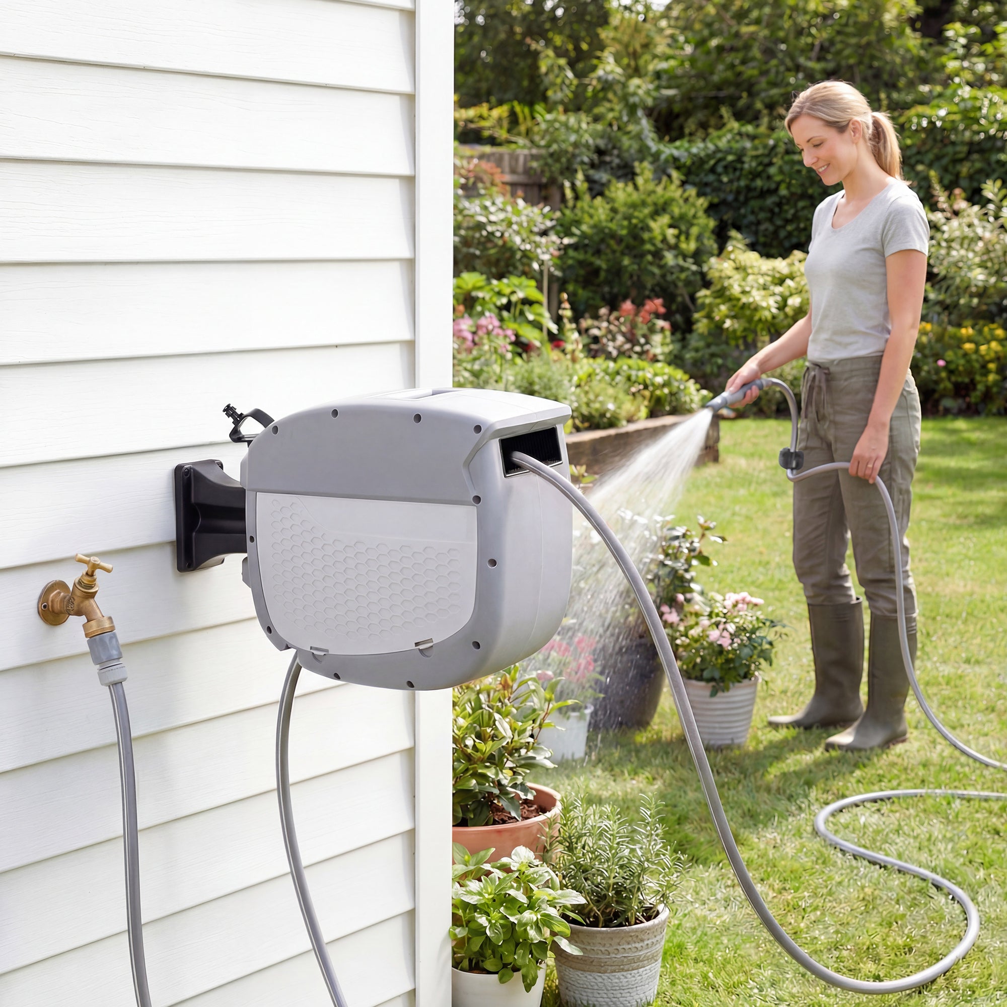 Retractable Garden Hose Reel 20 m + 1.9 m, 2-Mode Nozzle, Wall-Mount with Auto-Lock and Controlled Rewind, 180° Swivel, Gray