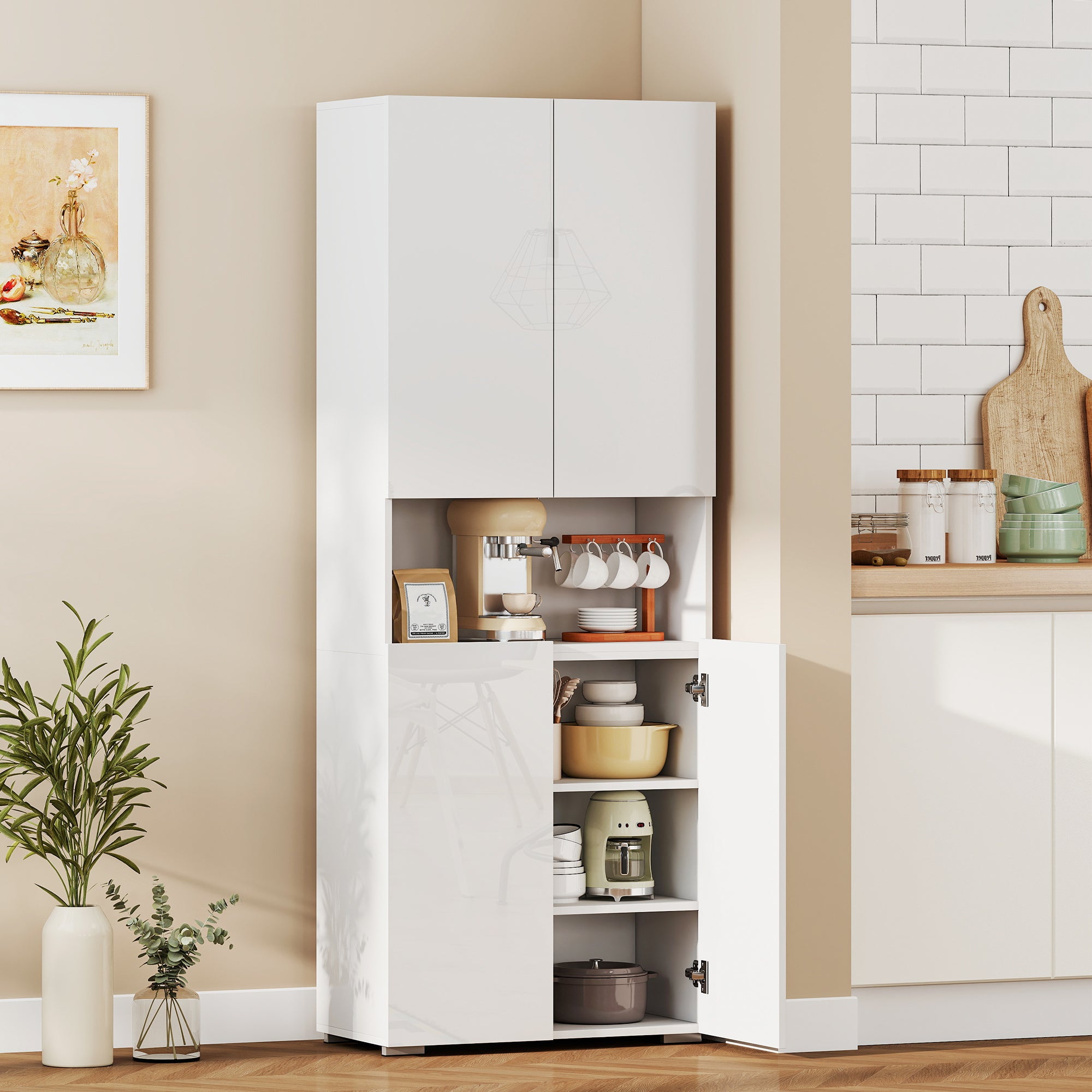 71 in Tall Freestanding Kitchen Pantry – High-Gloss White, Soft-Close Doors & Adjustable Shelves