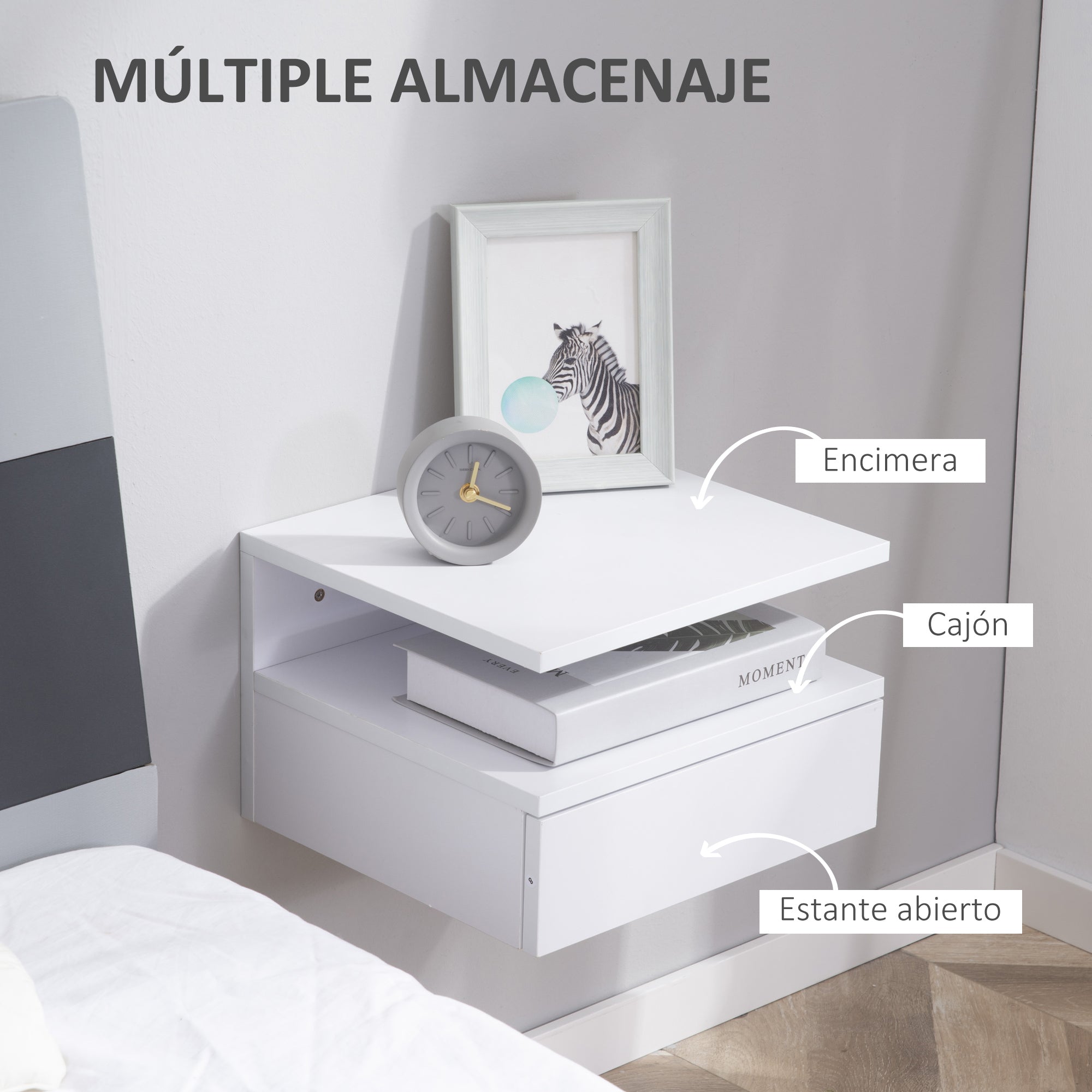 Set of 2 Floating Bedside Tables Hanging Nightstands with 1 Drawer and Open Shelf for Bedroom 35x32x22.5 cm White