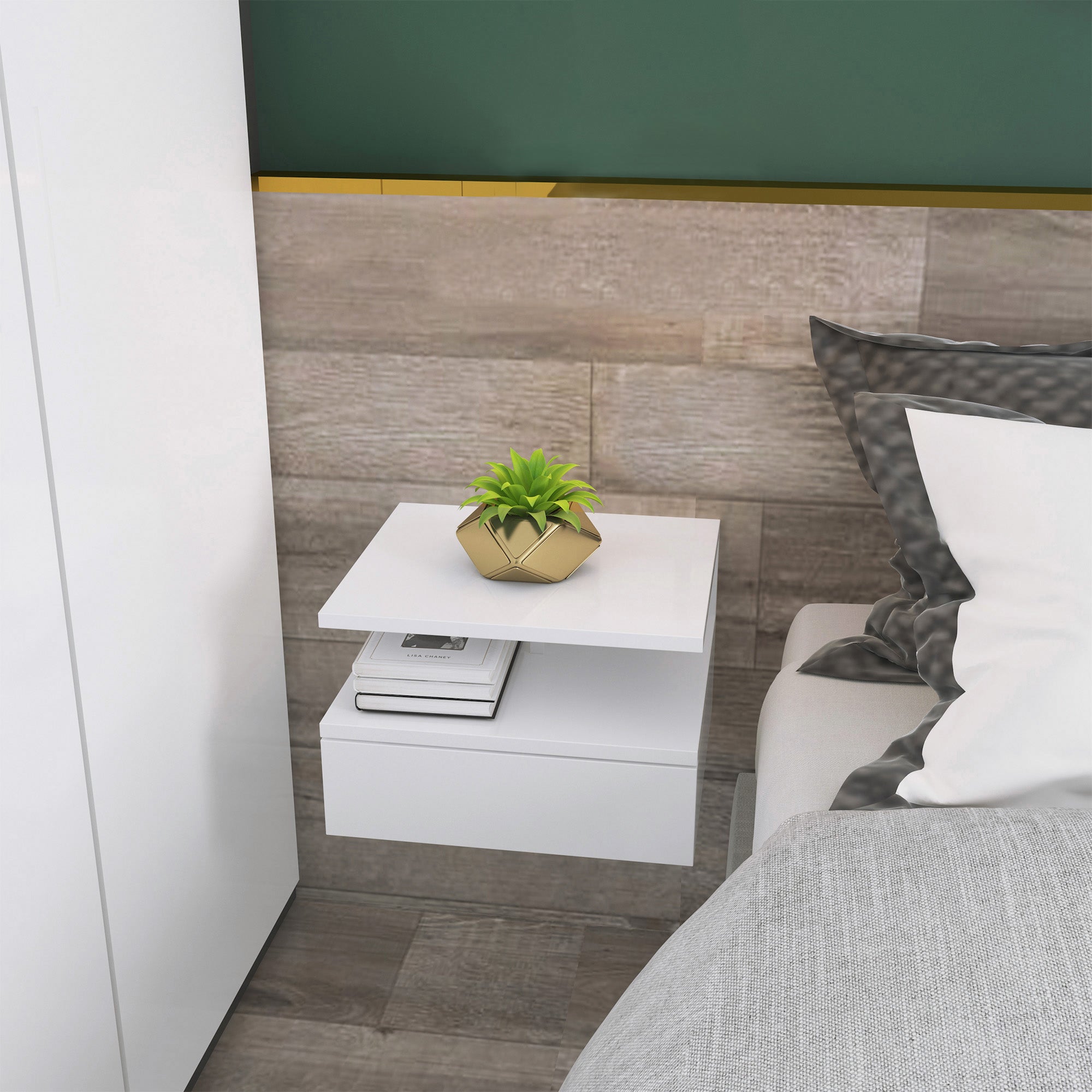 Set of 2 Floating Bedside Tables Hanging Nightstands with 1 Drawer and Open Shelf for Bedroom 35x32x22.5 cm White