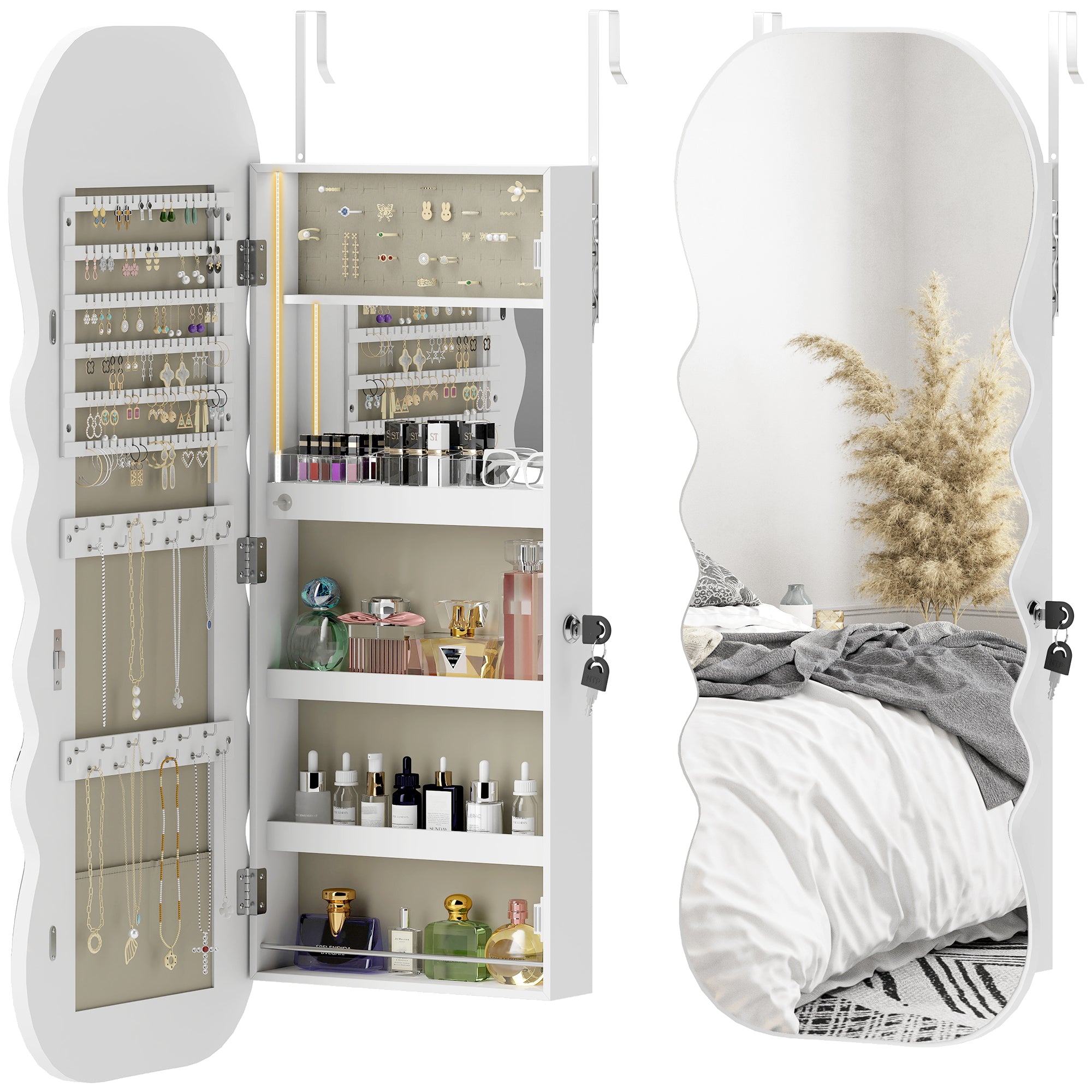 LED Jewelry Mirror with 3-Color Light, Wall- or Door-Mount Jewelry Cabinet with Lock, Full-Length Wavy Design, White