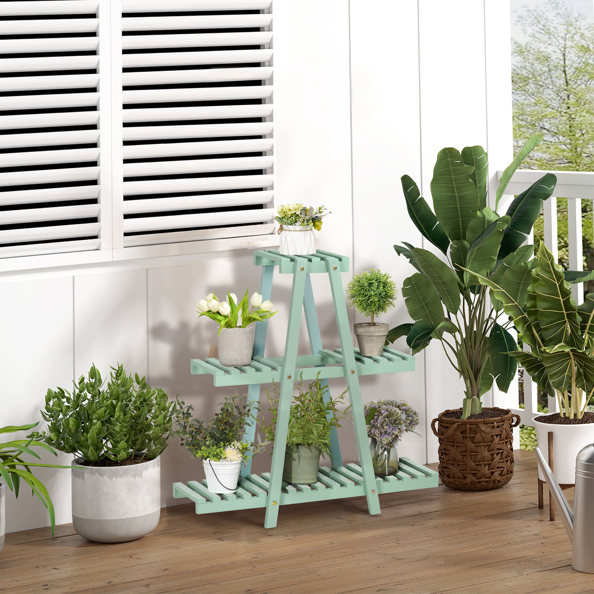 3-Tier Plant Stand, 76cm Tall Flower Stand for Indoor Outdoor, Wooden Plant Shelf, Multi-level Flower Rack Plant Pot Stand for Living Room, Garden Balcony Decor, Light Green