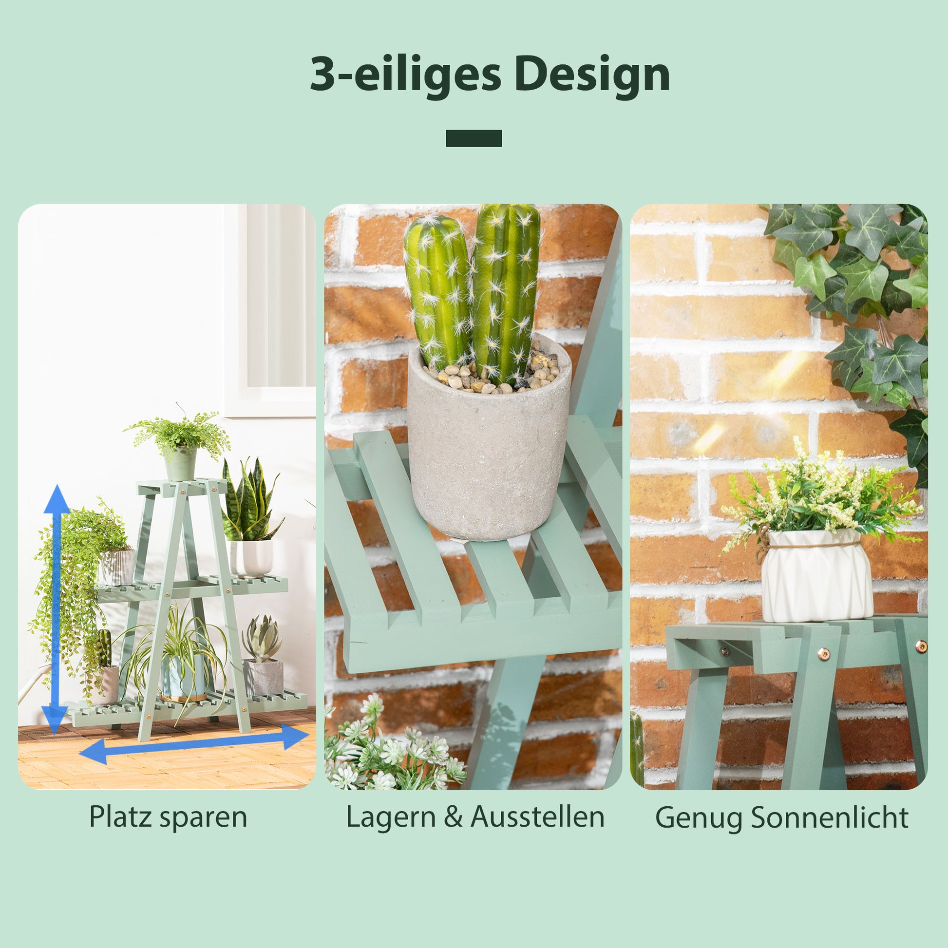 3-Tier Plant Stand, 76cm Tall Flower Stand for Indoor Outdoor, Wooden Plant Shelf, Multi-level Flower Rack Plant Pot Stand for Living Room, Garden Balcony Decor, Light Green