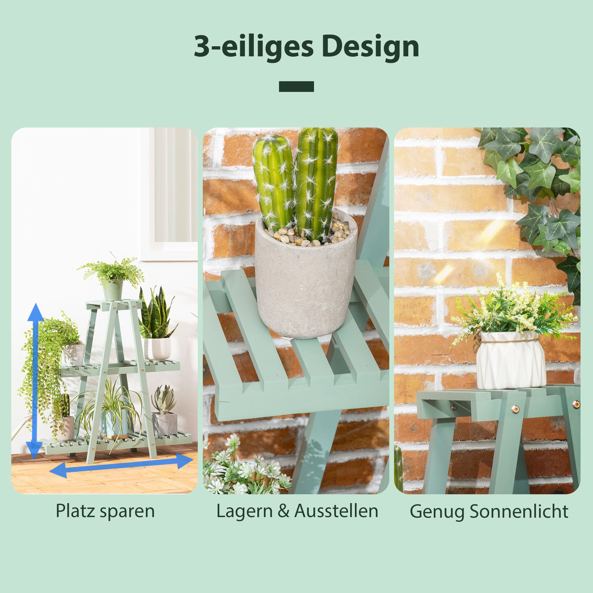 3-Tier Plant Stand, 76cm Tall Flower Stand for Indoor Outdoor, Wooden Plant Shelf, Multi-level Flower Rack Plant Pot Stand for Living Room, Garden Balcony Decor, Light Green