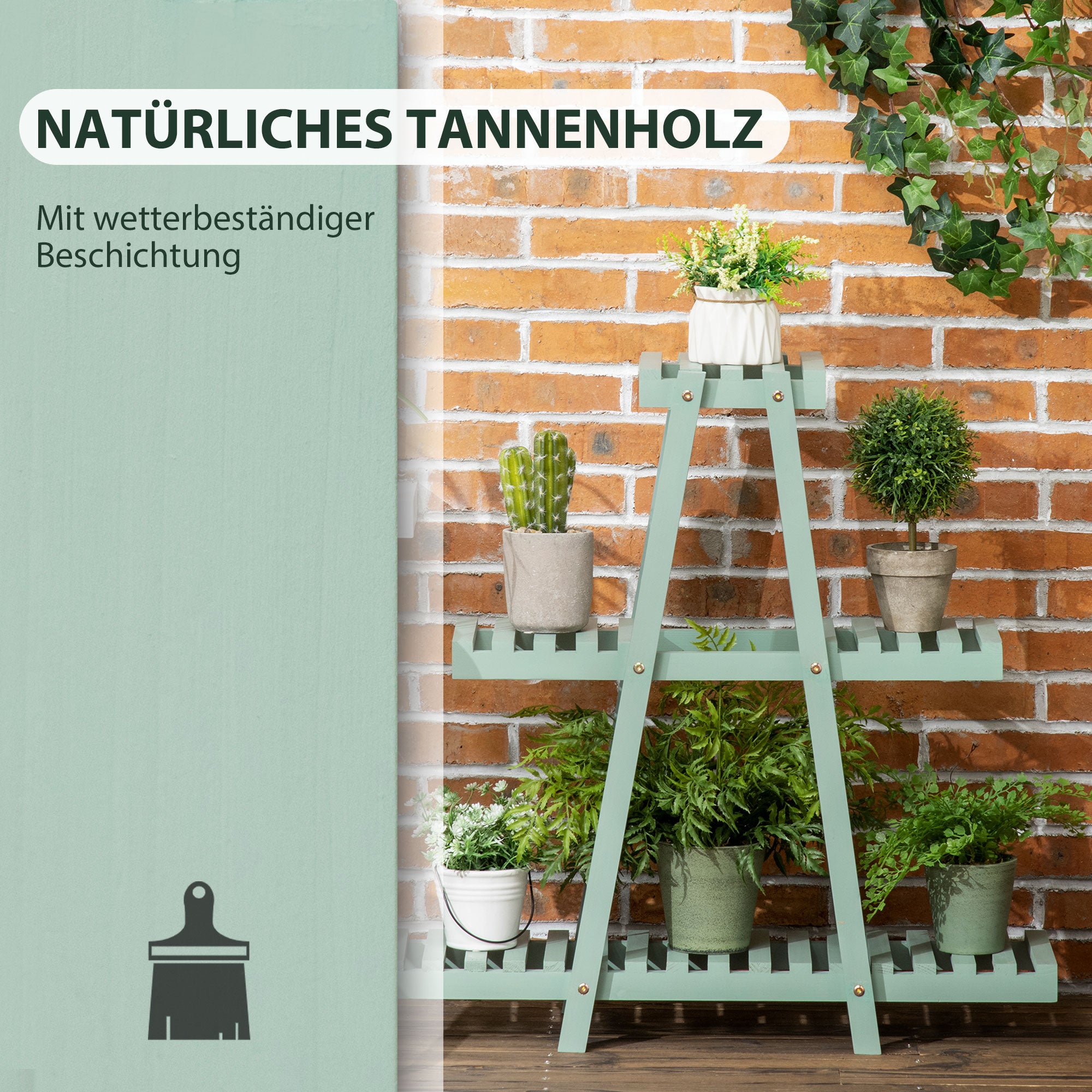 3-Tier Plant Stand, 76cm Tall Flower Stand for Indoor Outdoor, Wooden Plant Shelf, Multi-level Flower Rack Plant Pot Stand for Living Room, Garden Balcony Decor, Light Green