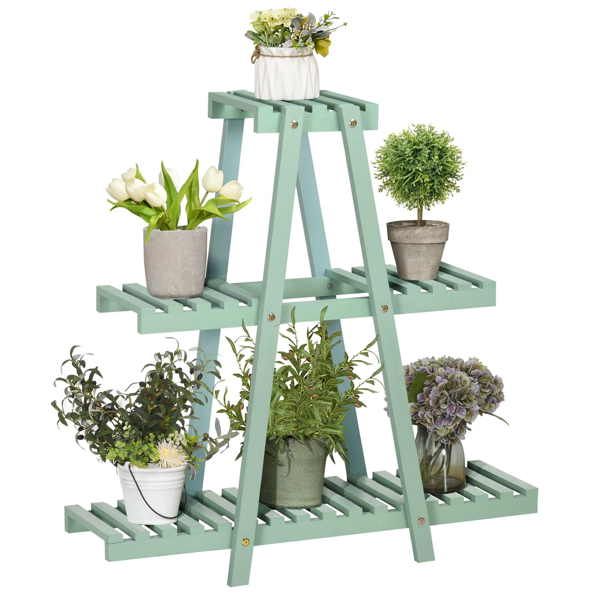 3-Tier Plant Stand, 76cm Tall Flower Stand for Indoor Outdoor, Wooden Plant Shelf, Multi-level Flower Rack Plant Pot Stand for Living Room, Garden Balcony Decor, Light Green