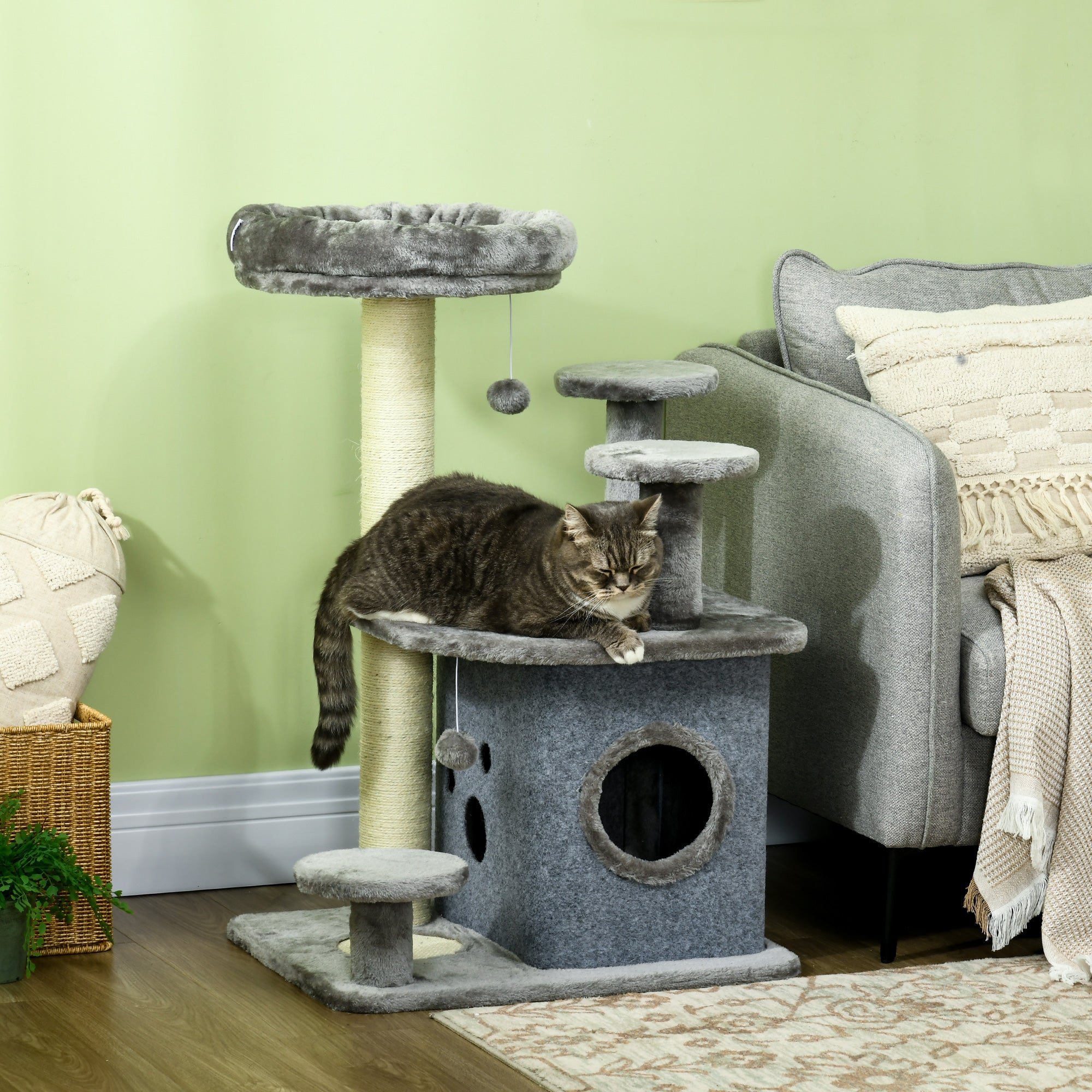 Cat Scratching Tree with Platforms, Bed, House, and Sisal Posts, Cat Tower with Plush Cover, 60x48x92 cm, Gray