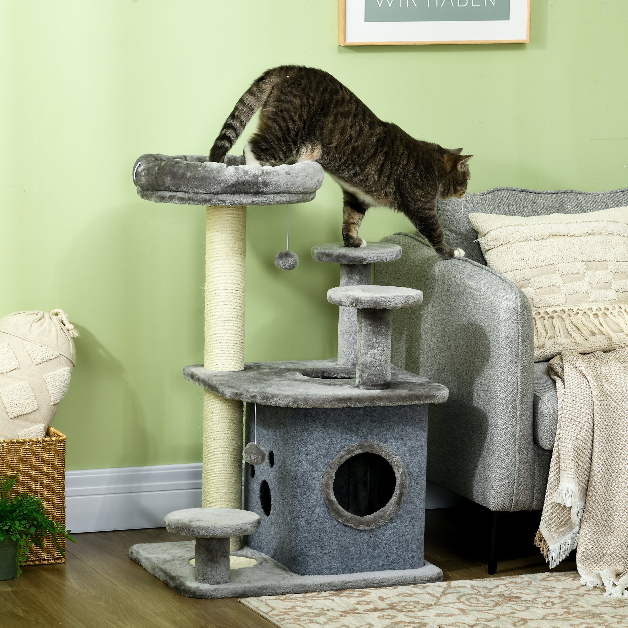 Cat Scratching Tree with Platforms, Bed, House, and Sisal Posts, Cat Tower with Plush Cover, 60x48x92 cm, Gray
