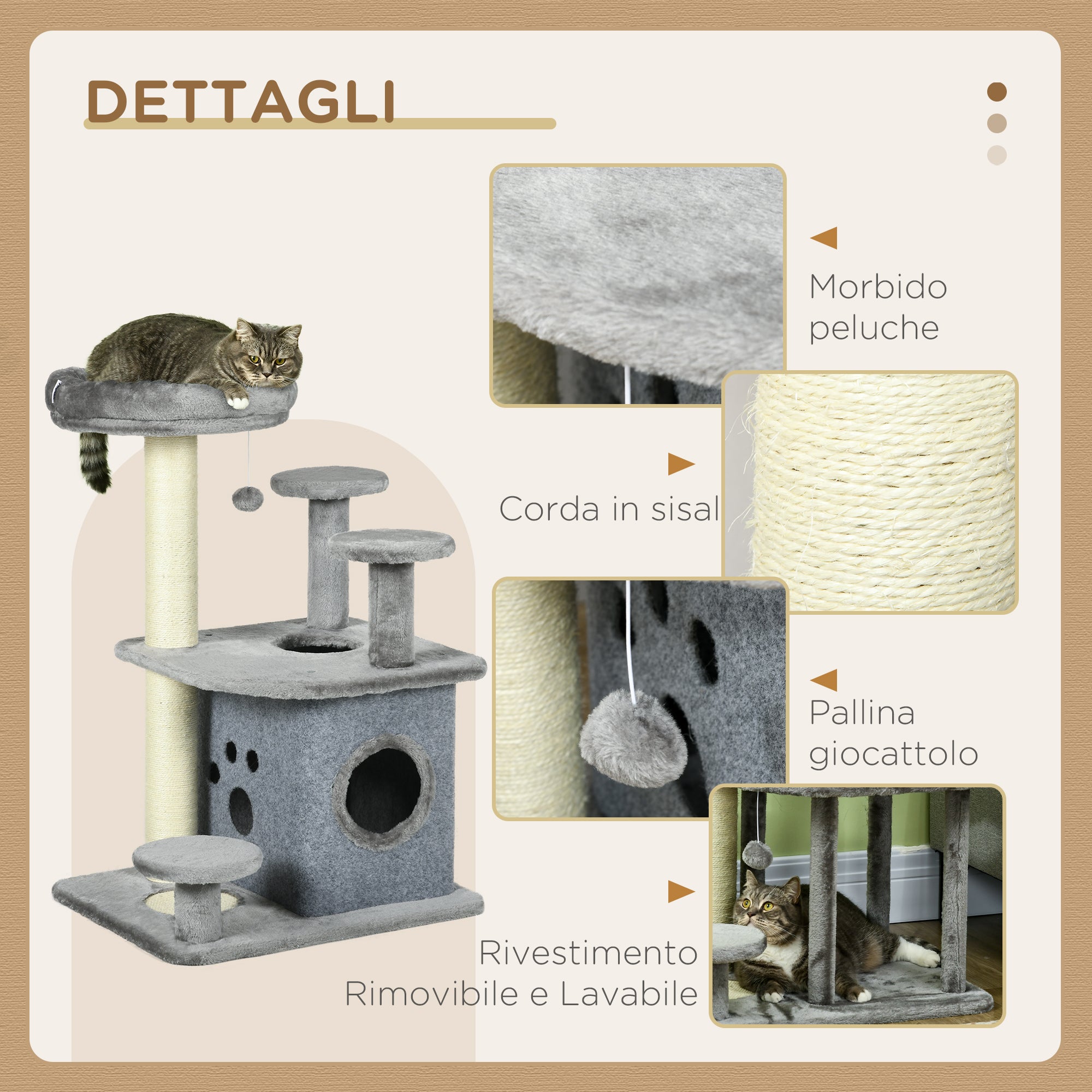 Cat Scratching Tree with Platforms, Bed, House, and Sisal Posts, Cat Tower with Plush Cover, 60x48x92 cm, Gray