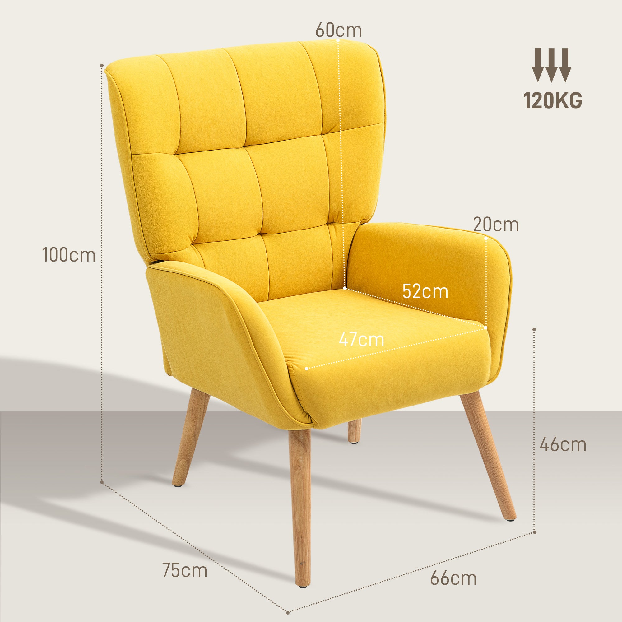 Armchair Living Room Lounge Armchair Relax Armchair with Wooden Legs Reading Armchair with Velvet Look, Upholstered Armchair for Bedroom Yellow