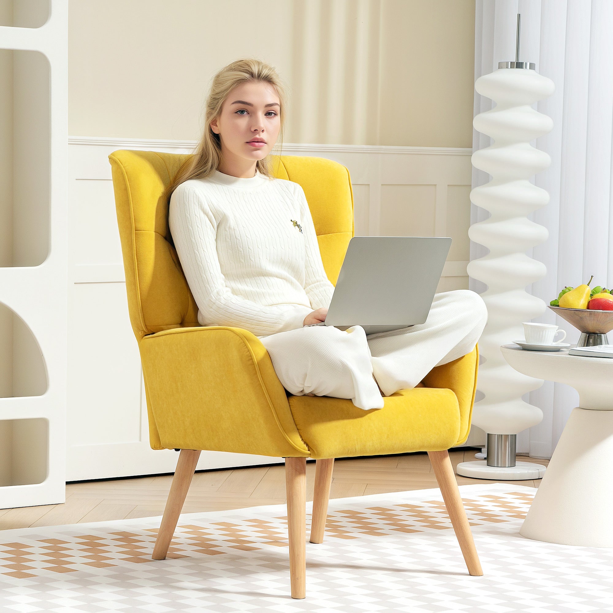 Armchair Living Room Lounge Armchair Relax Armchair with Wooden Legs Reading Armchair with Velvet Look, Upholstered Armchair for Bedroom Yellow