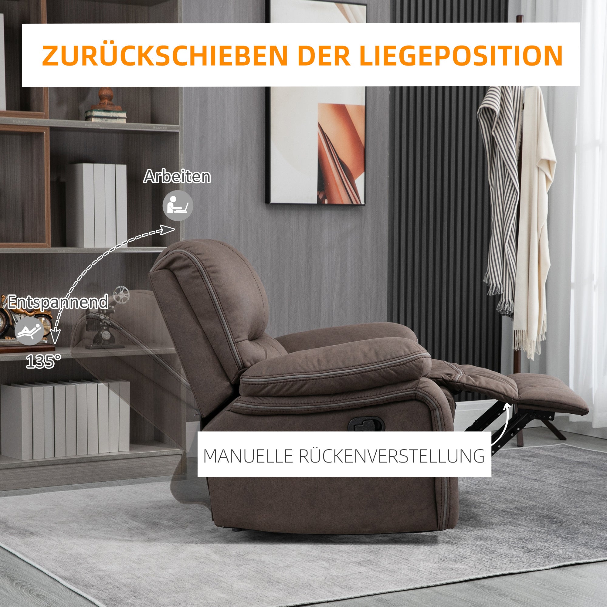 Recliner Chair, TV Armchair with Reclining Function, TV Chair with Footrest Upholstered Reclining Chair, Recliner Chair with Microfiber Leather-Look Cover, up to 150 kg load capacity for Living Room, Brown