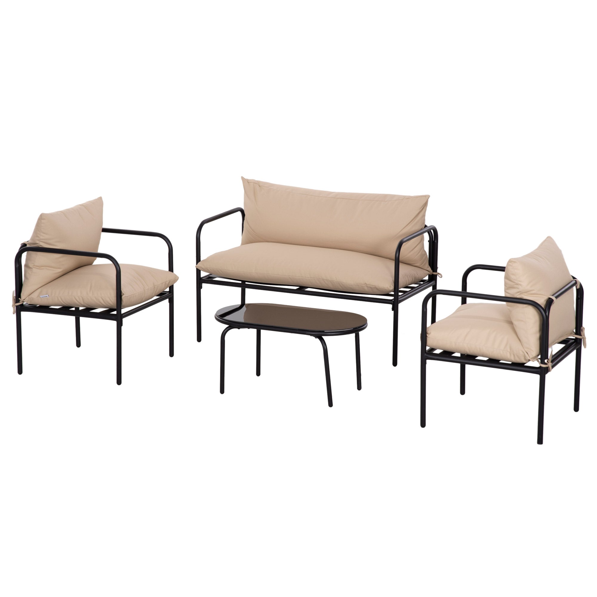 4-Piece Garden Furniture Set, Patio Set with 2 Chairs, 1 Glass Coffee Table, 1 Two-Seater, Seating Group with Cushions, Lounge Set for Balcony, Terrace, Steel, Khaki
