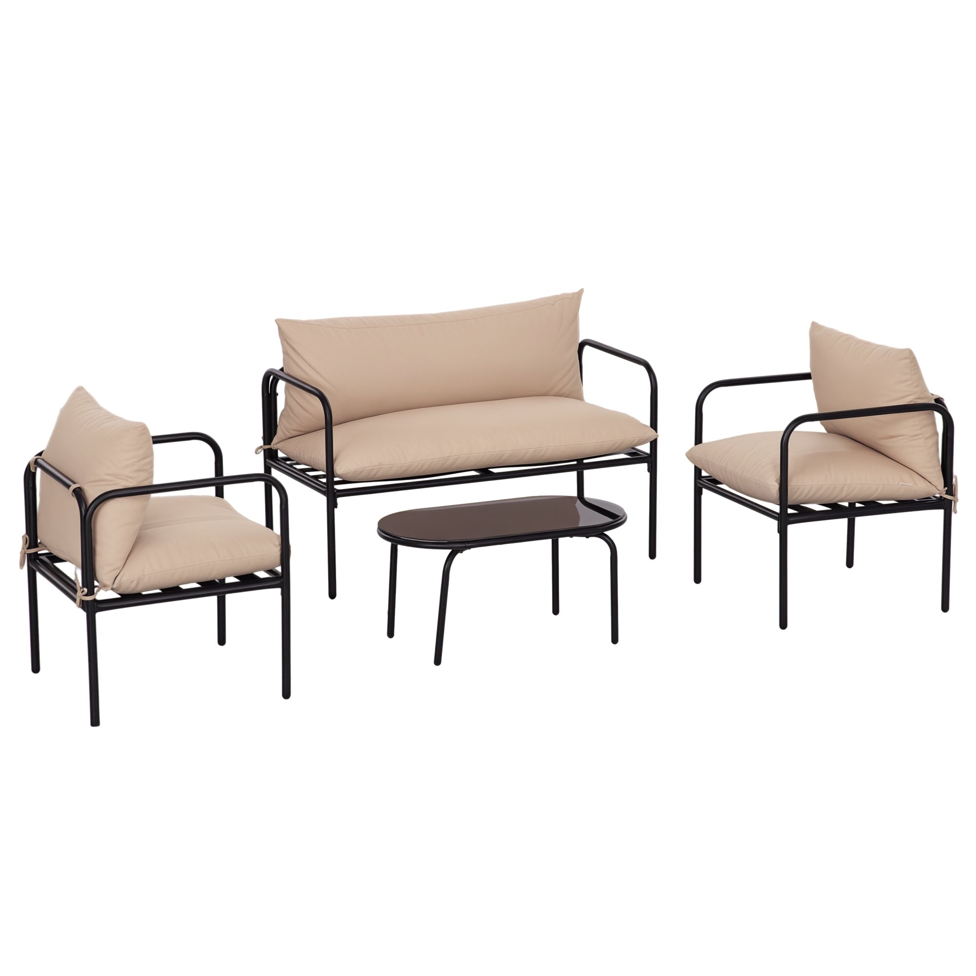 4-Piece Garden Furniture Set, Patio Set with 2 Chairs, 1 Glass Coffee Table, 1 Two-Seater, Seating Group with Cushions, Lounge Set for Balcony, Terrace, Steel, Khaki