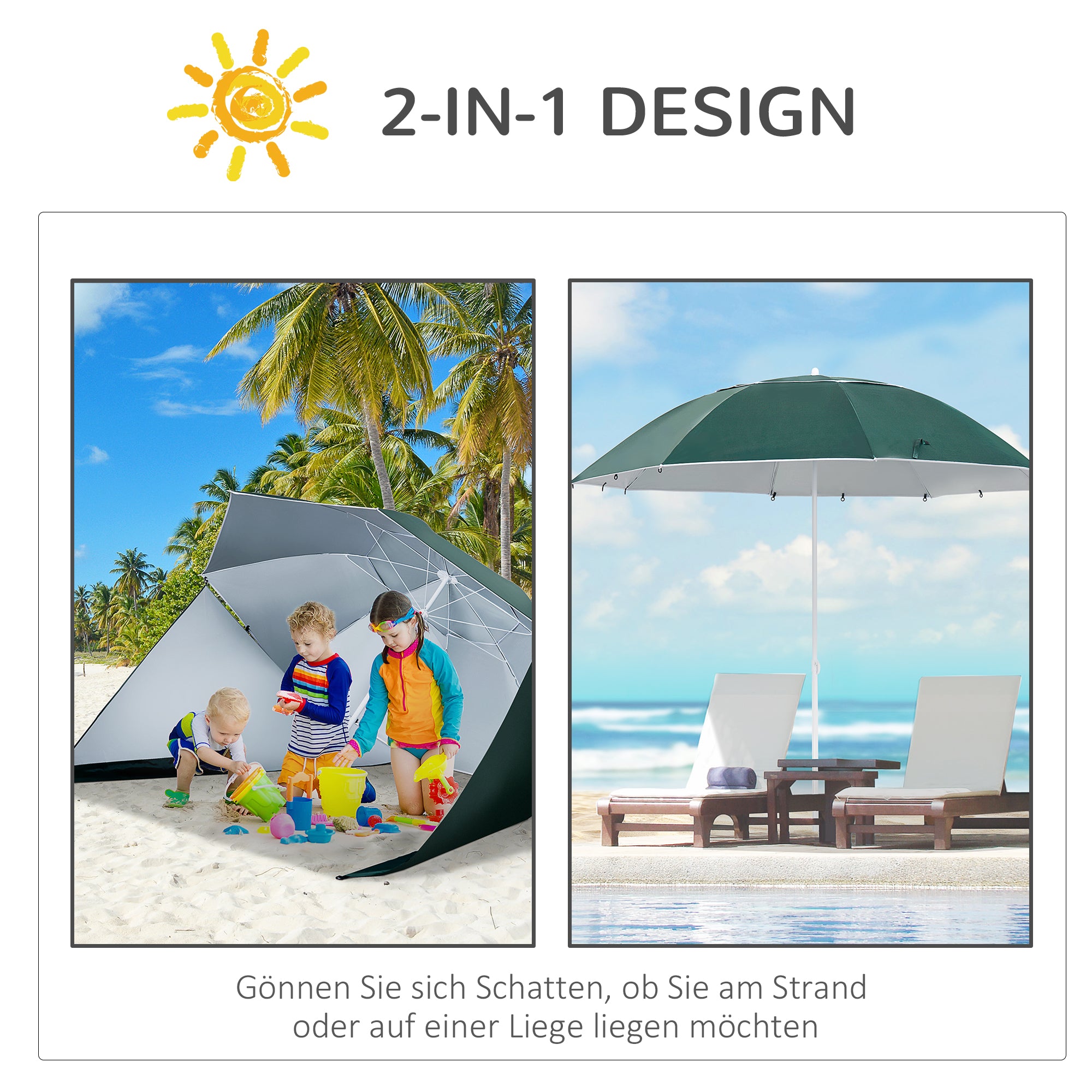 2-in-1 Beach Umbrella Sun Shade Beach Tent Dark Green Φ210xH222cm