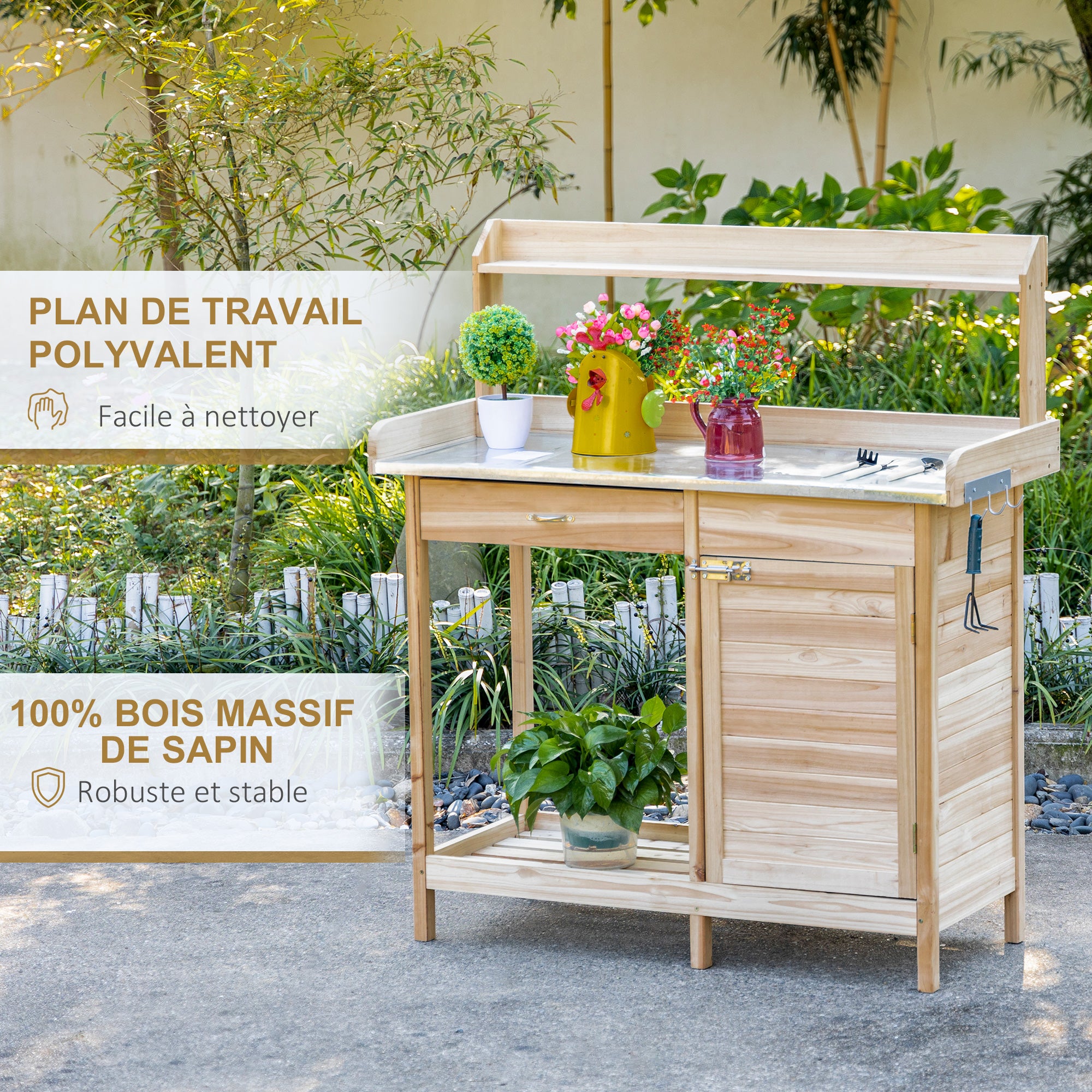 Planting Table Gardening Table with 2 Shelves, Drawer, Cupboard, Galvanized Steel Sheet Worktop with Edge, 3 Hooks - Fir Wood Planting Table