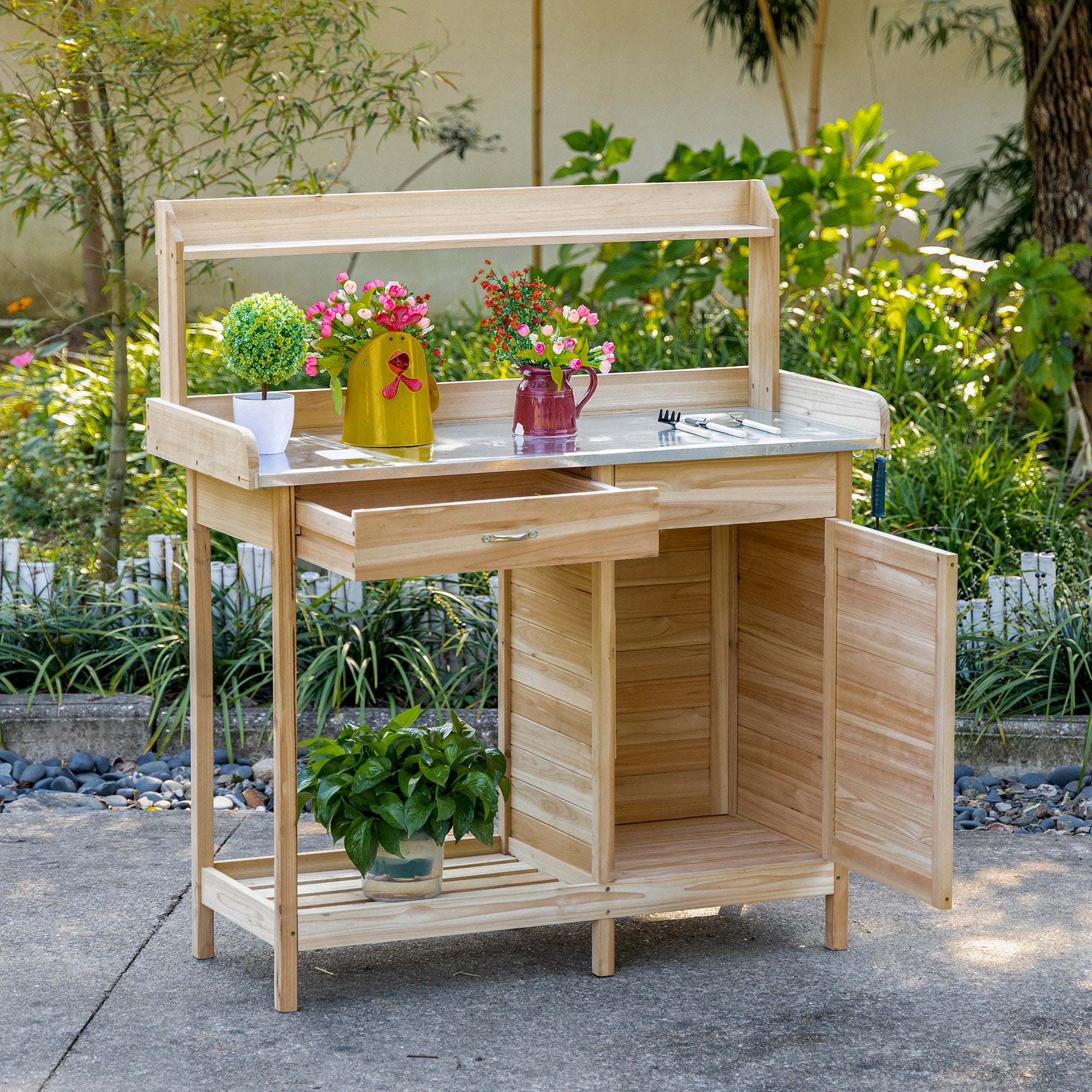 Planting Table Gardening Table with 2 Shelves, Drawer, Cupboard, Galvanized Steel Sheet Worktop with Edge, 3 Hooks - Fir Wood Planting Table