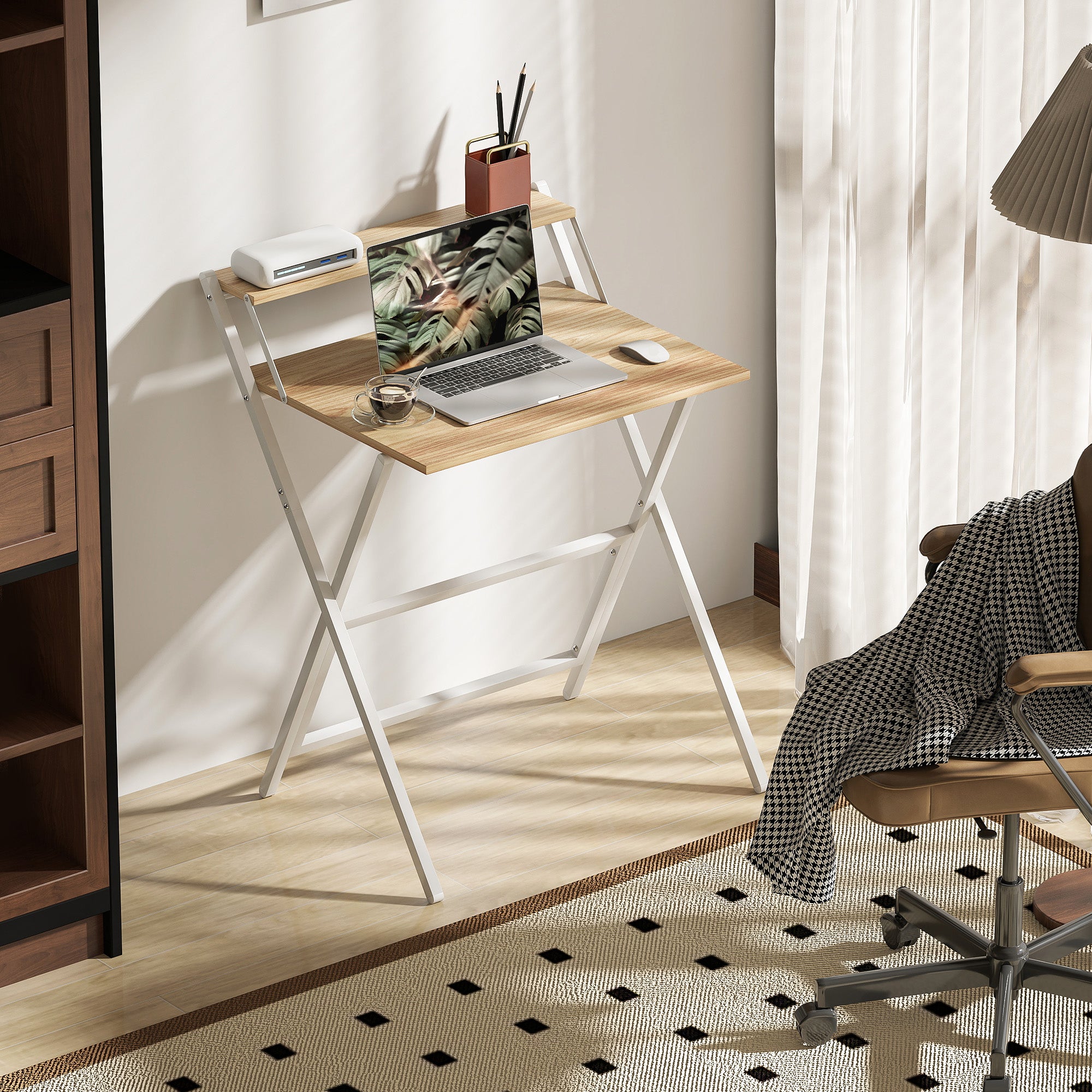 Foldable Computer Desk 25.8 x 17.7 in with Storage Shelf — Compact Writing Desk for Bedrooms & Small Spaces, Natural Wood