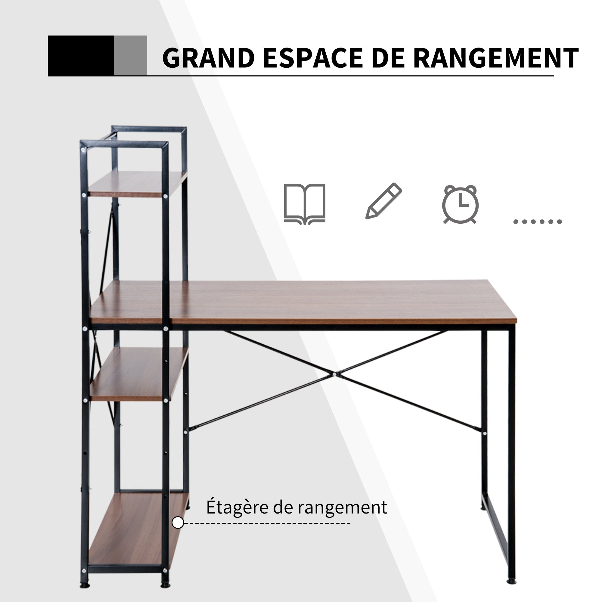Corner Desk with Industrial Design Storage with 3-Shelf Library Particle Board Walnut Metal Black