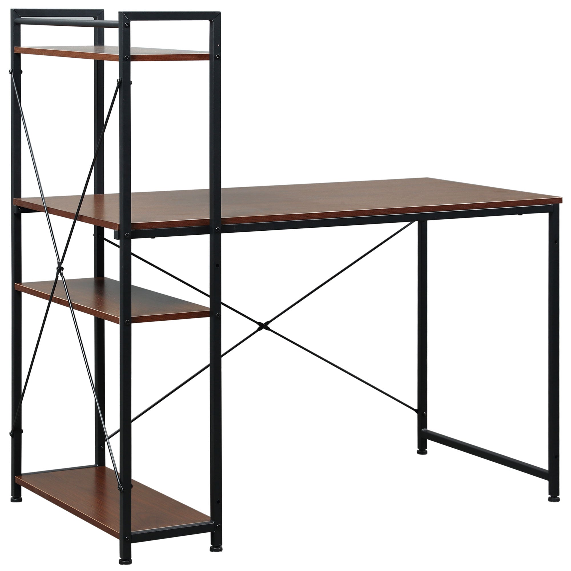 Corner Desk with Industrial Design Storage with 3-Shelf Library Particle Board Walnut Metal Black