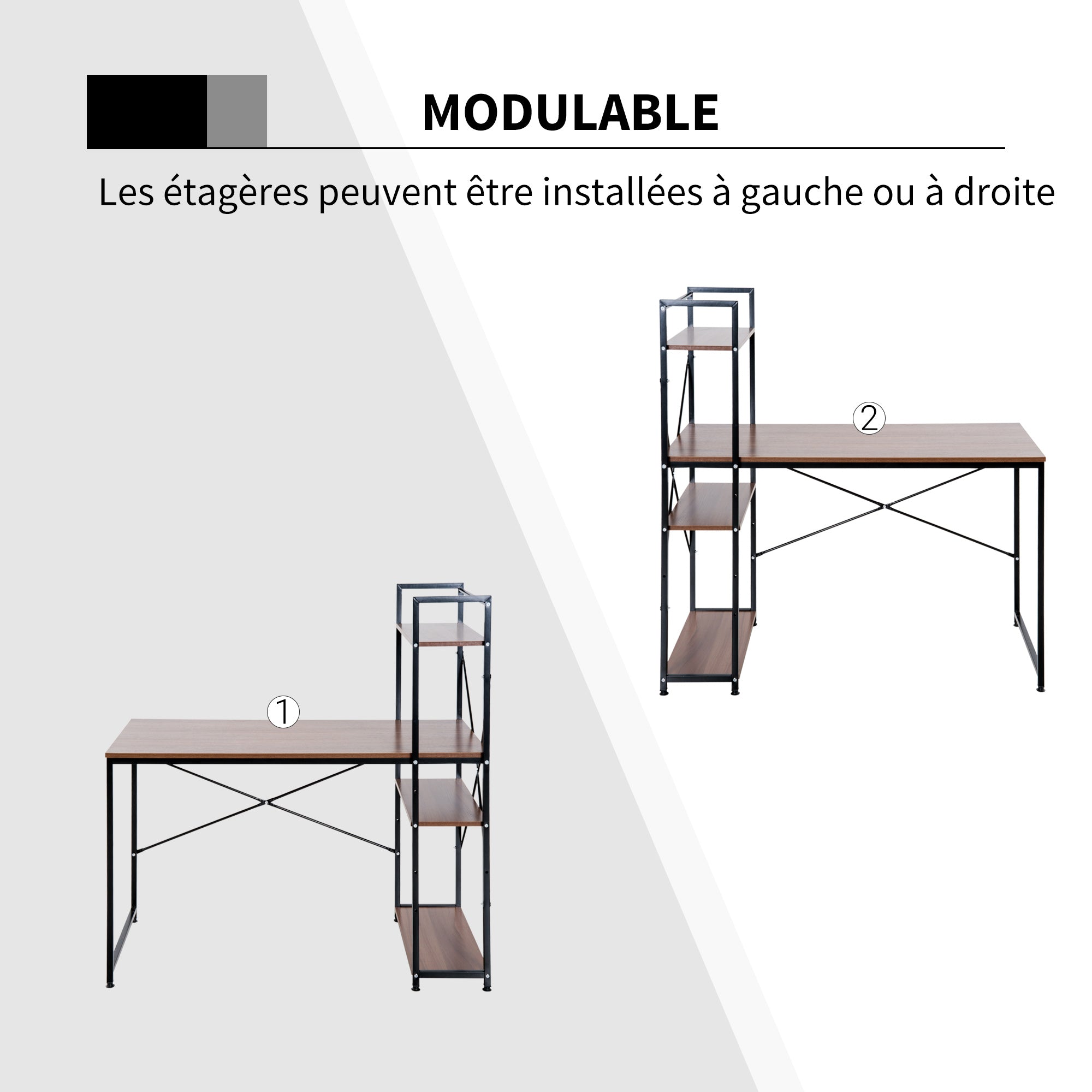 Corner Desk with Industrial Design Storage with 3-Shelf Library Particle Board Walnut Metal Black