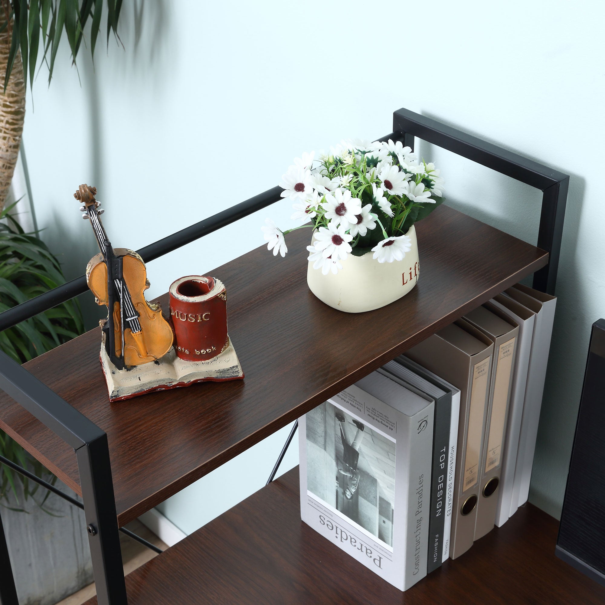 Corner Desk with Industrial Design Storage with 3-Shelf Library Particle Board Walnut Metal Black