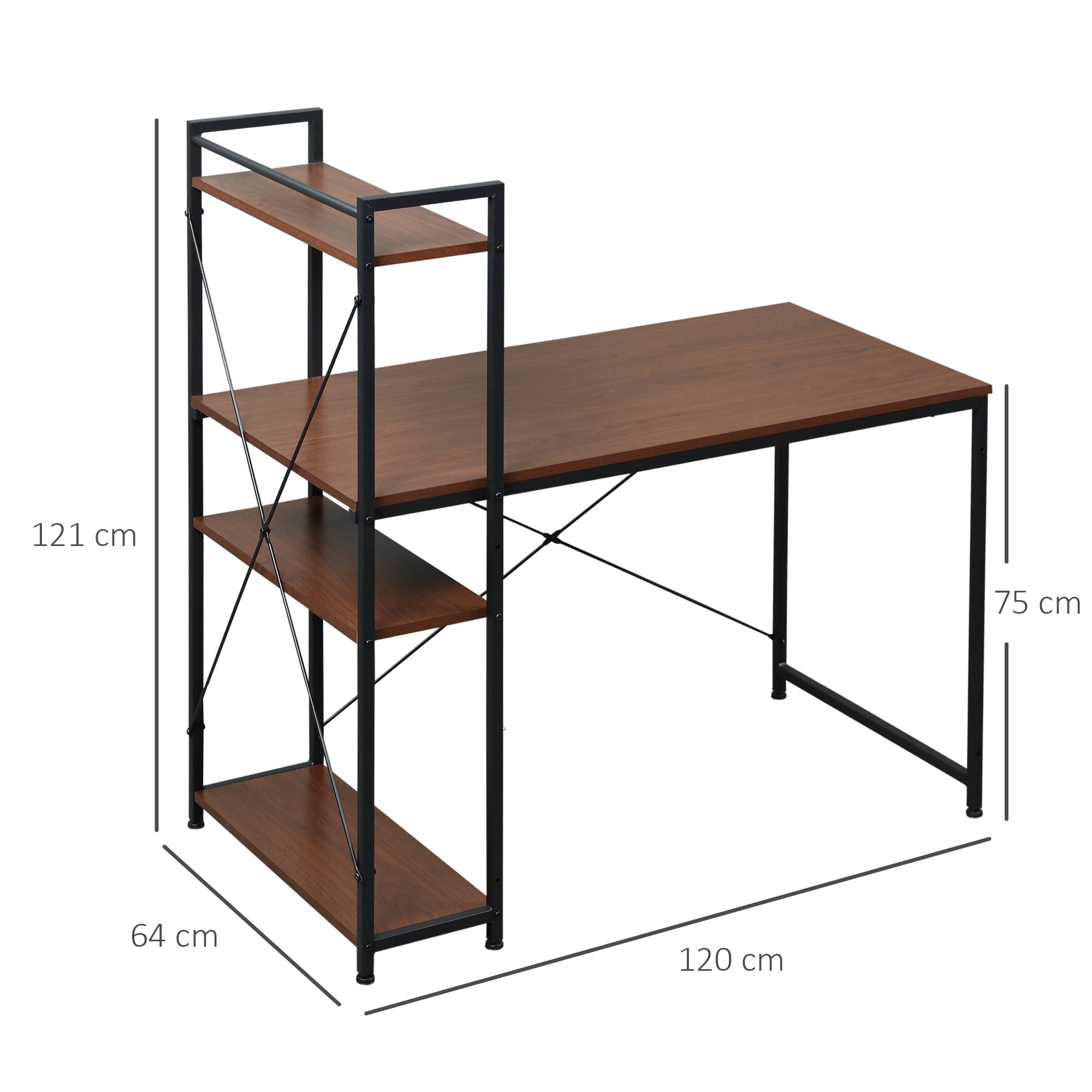Corner Desk with Industrial Design Storage with 3-Shelf Library Particle Board Walnut Metal Black