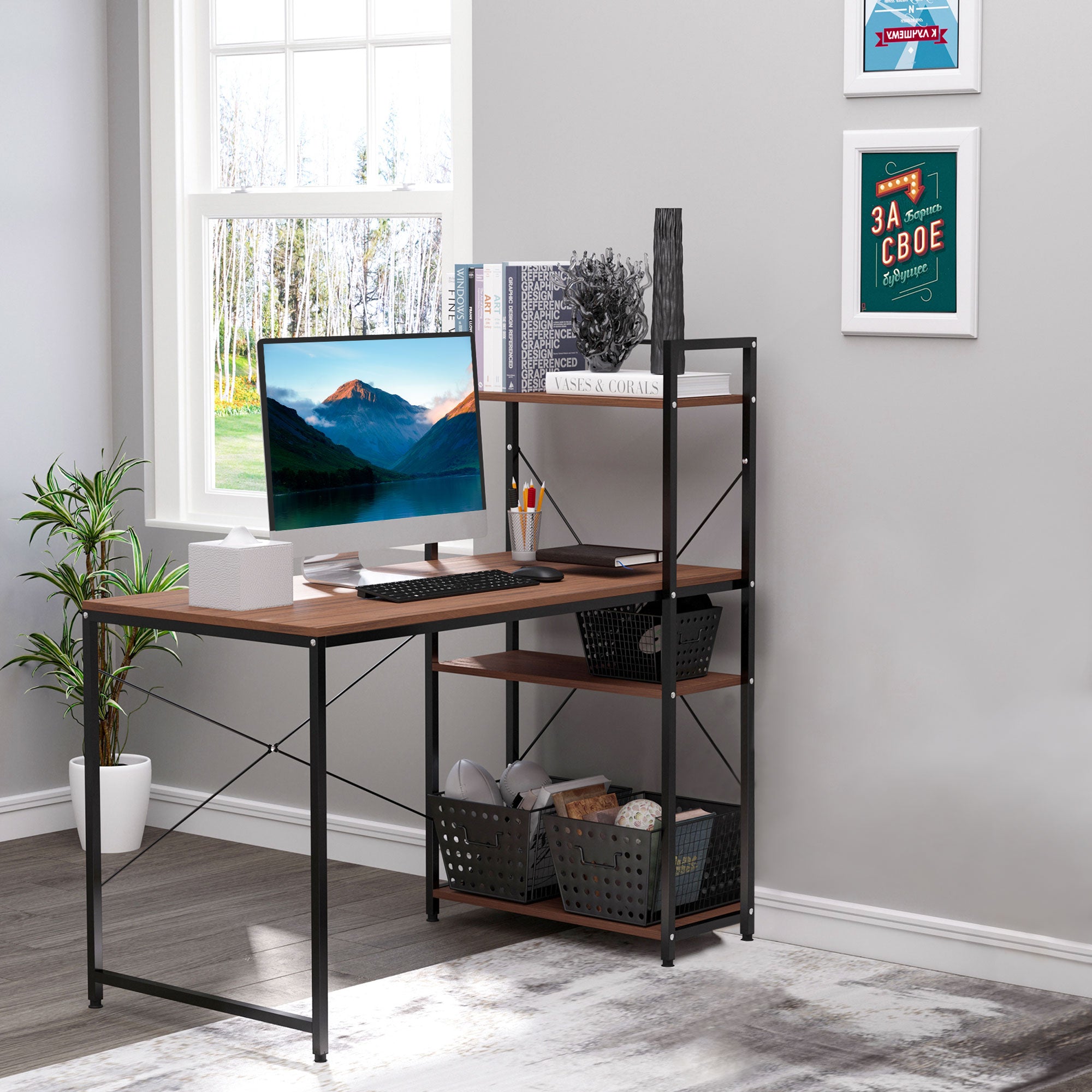 Corner Desk with Industrial Design Storage with 3-Shelf Library Particle Board Walnut Metal Black