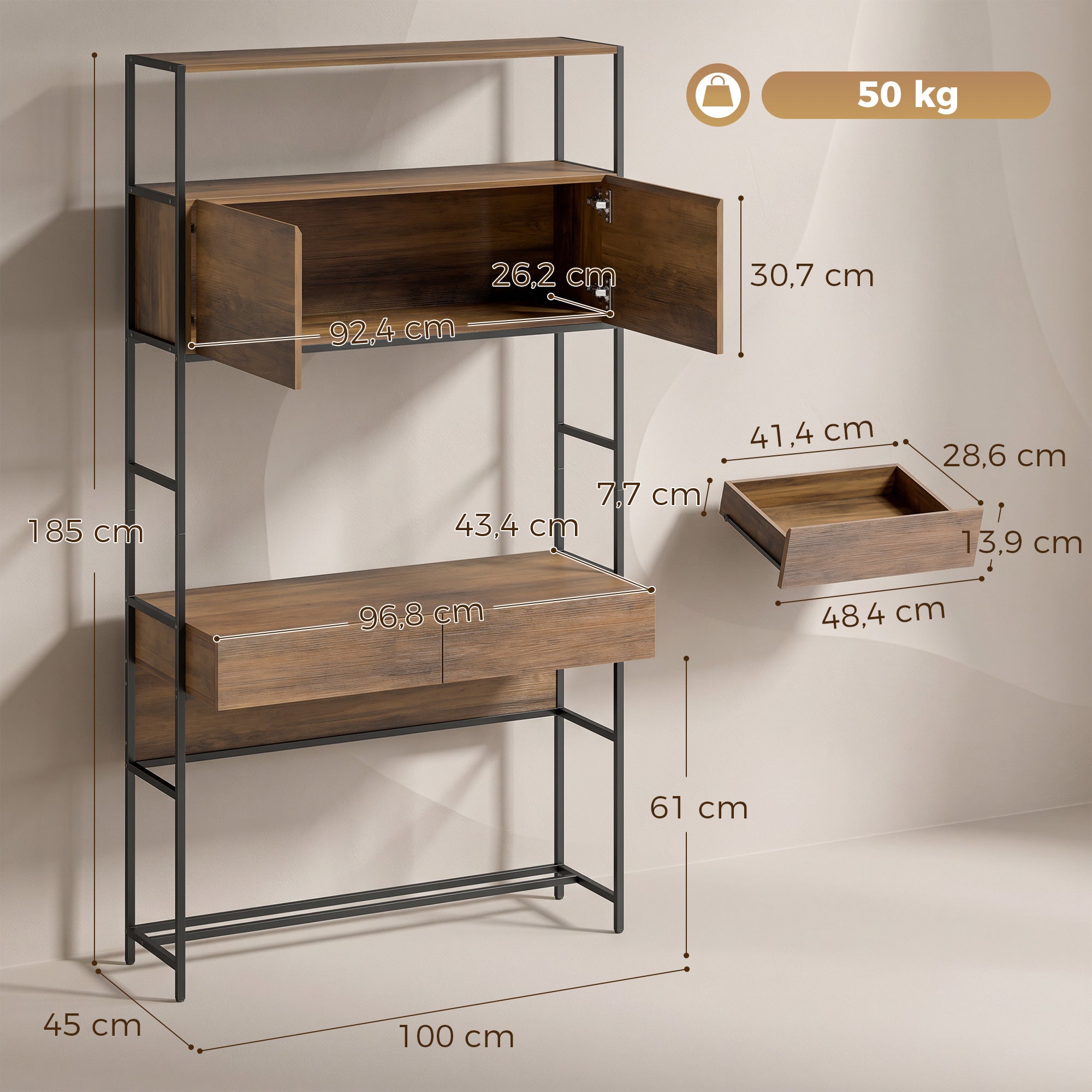 Computer Desk with 2 Drawers, 39.4 in W x 17.7 in D x 72.8 in H — Storage Cabinets & Open Shelves, Modern Small-Space Home Office Desk, Brown Wood