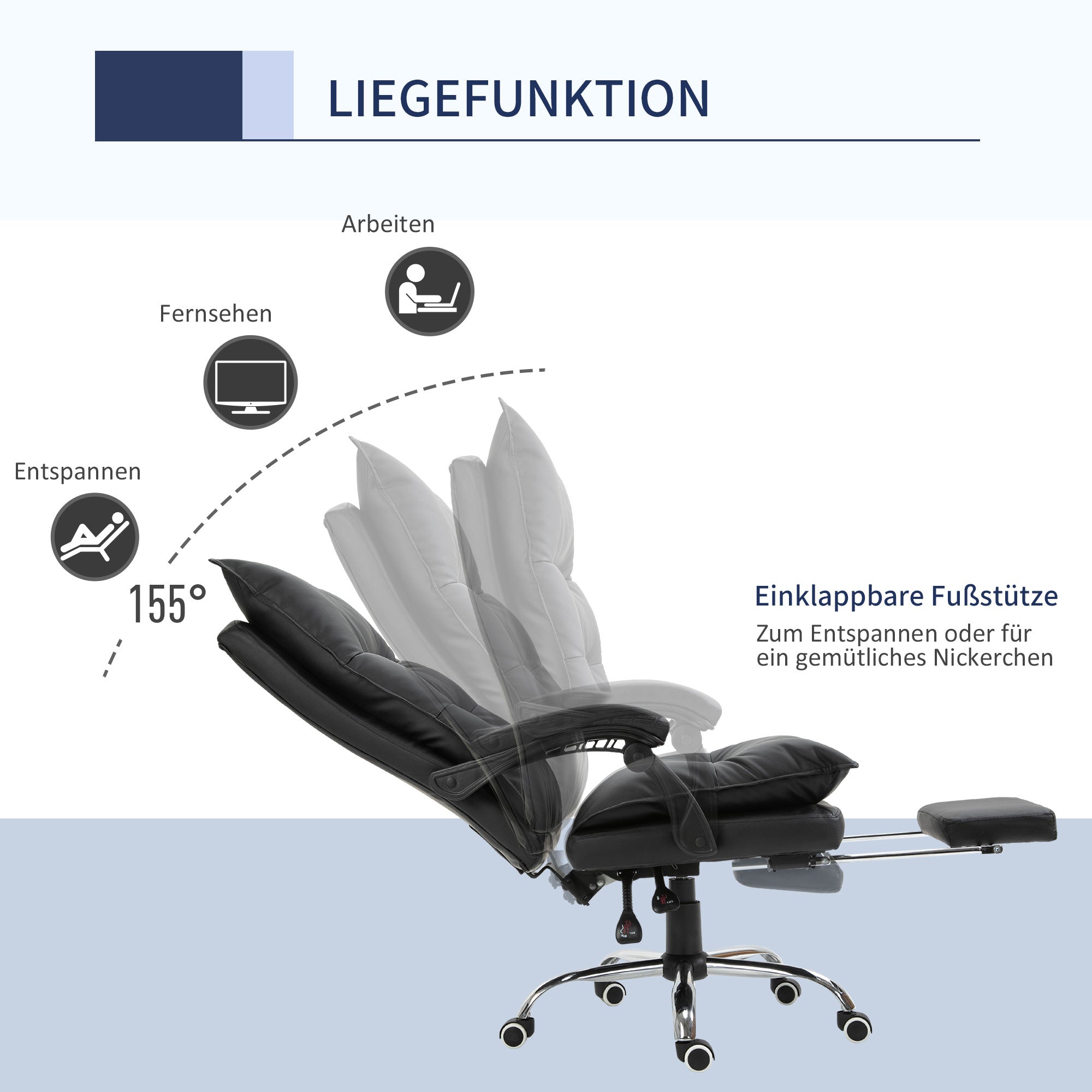 Office Chair with Reclining Function, Ergonomic Desk Chair, Height Adjustable Swivel Chair with Footrest, Upholstered, Up to 135 kg load capacity, for Office, Study, Black