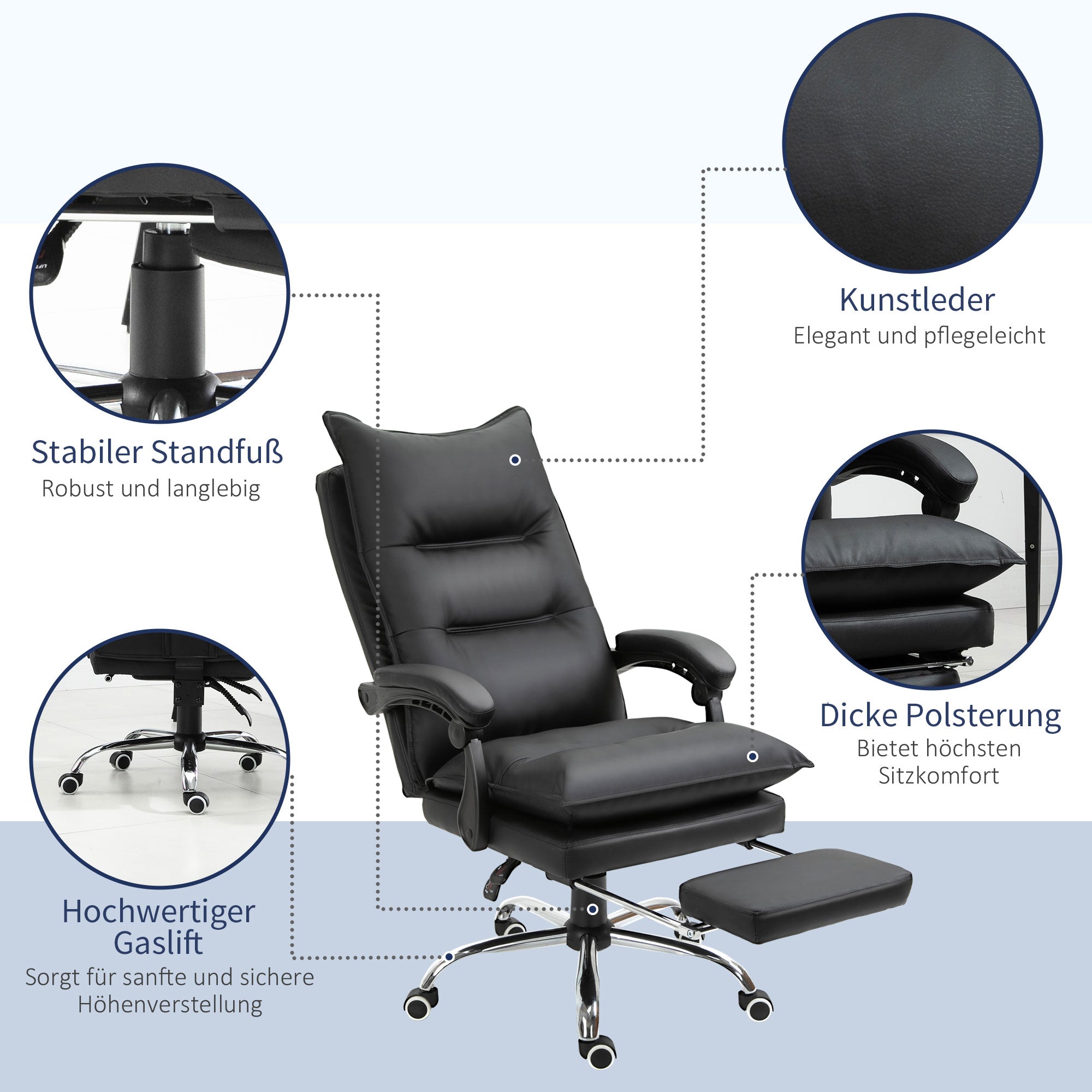Office Chair with Reclining Function, Ergonomic Desk Chair, Height Adjustable Swivel Chair with Footrest, Upholstered, Up to 135 kg load capacity, for Office, Study, Black