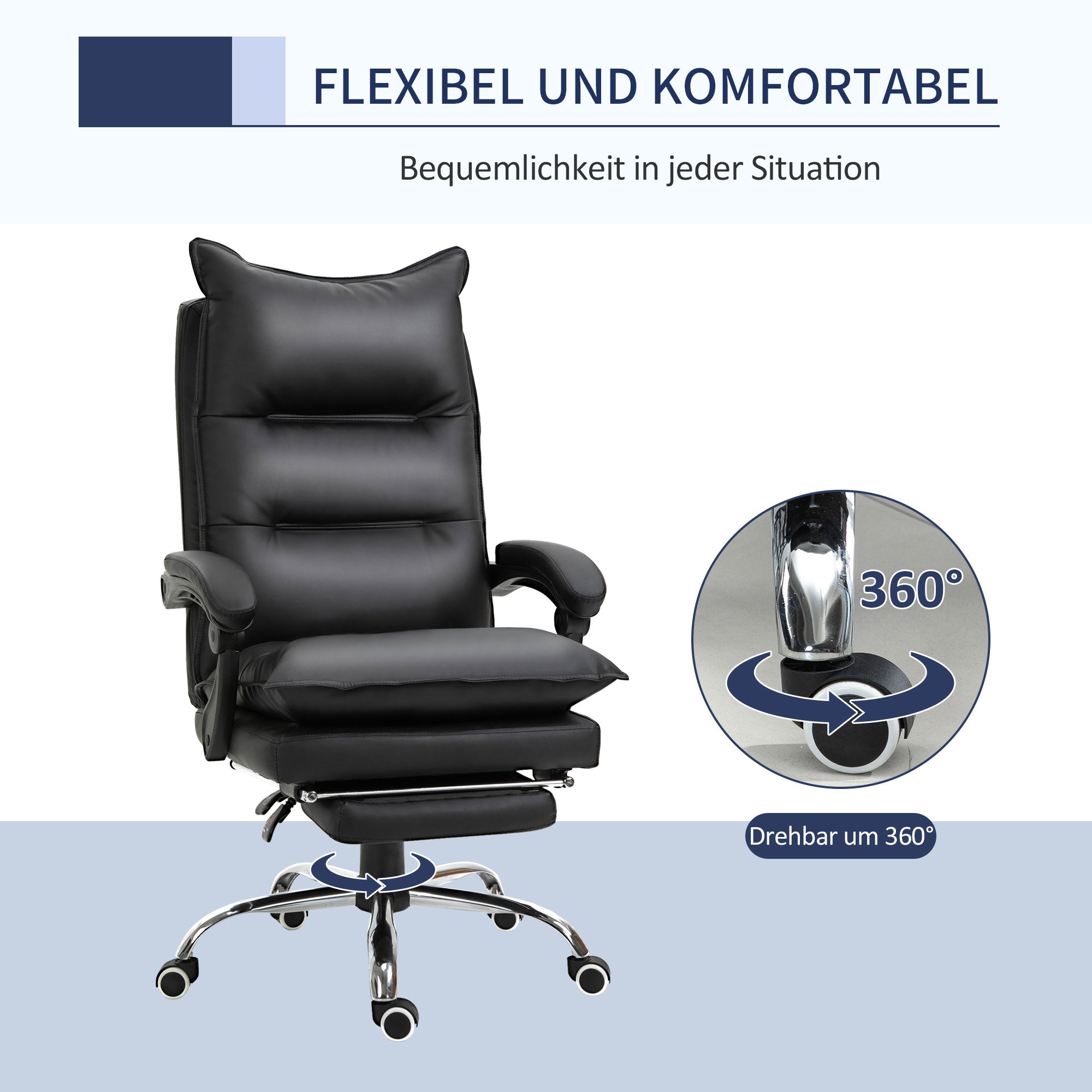 Office Chair with Reclining Function, Ergonomic Desk Chair, Height Adjustable Swivel Chair with Footrest, Upholstered, Up to 135 kg load capacity, for Office, Study, Black