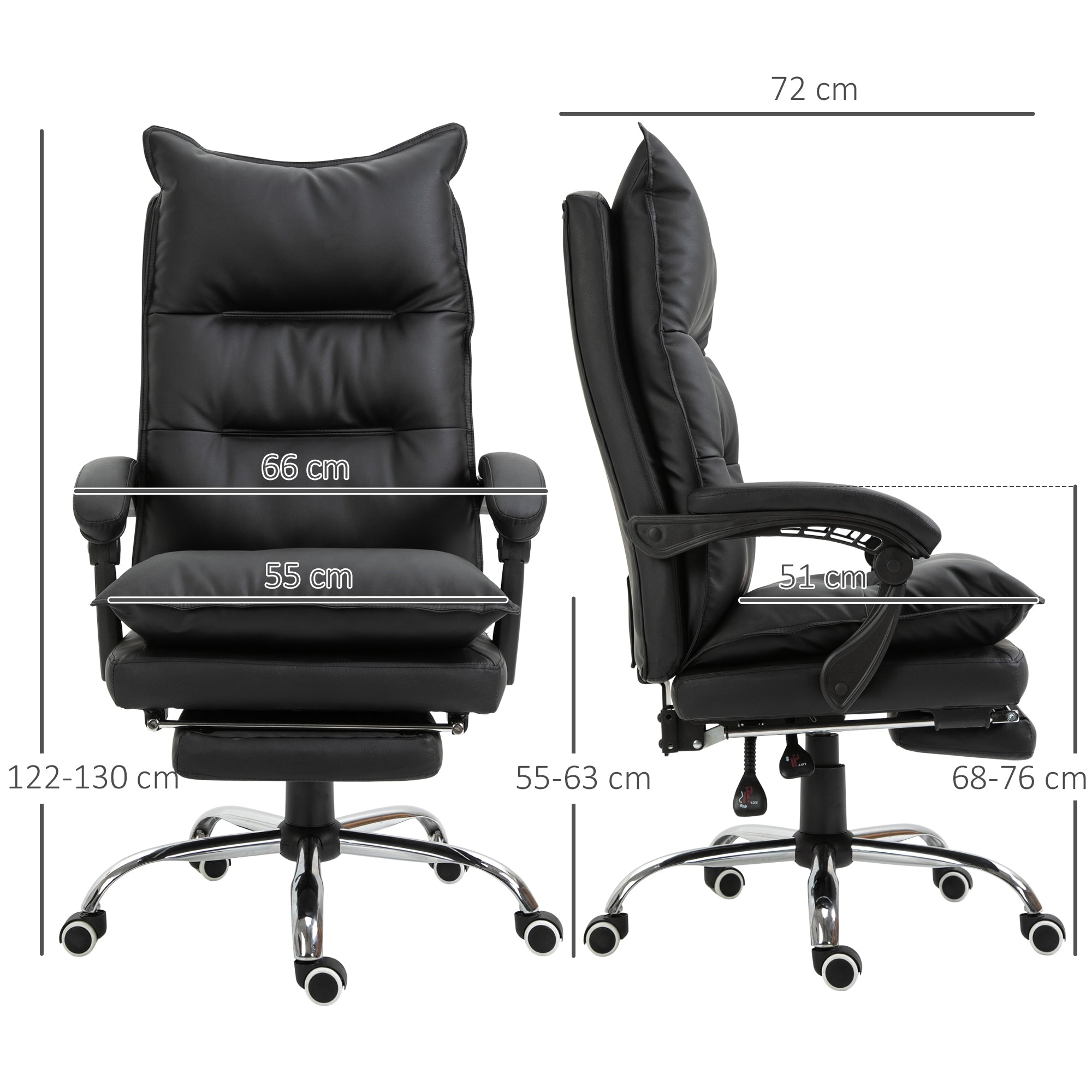 Office Chair with Reclining Function, Ergonomic Desk Chair, Height Adjustable Swivel Chair with Footrest, Upholstered, Up to 135 kg load capacity, for Office, Study, Black
