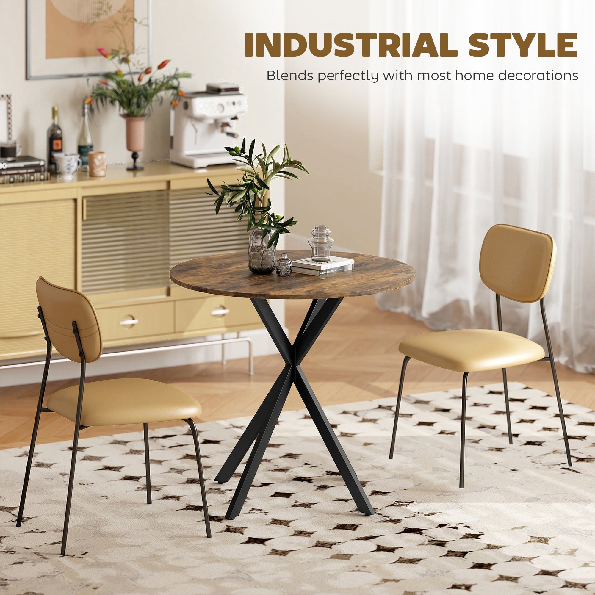 Round Dining Table (31.5 in Ø) Industrial Style with Steel Legs — Kitchen, Dining, Home Office, Rustic Brown